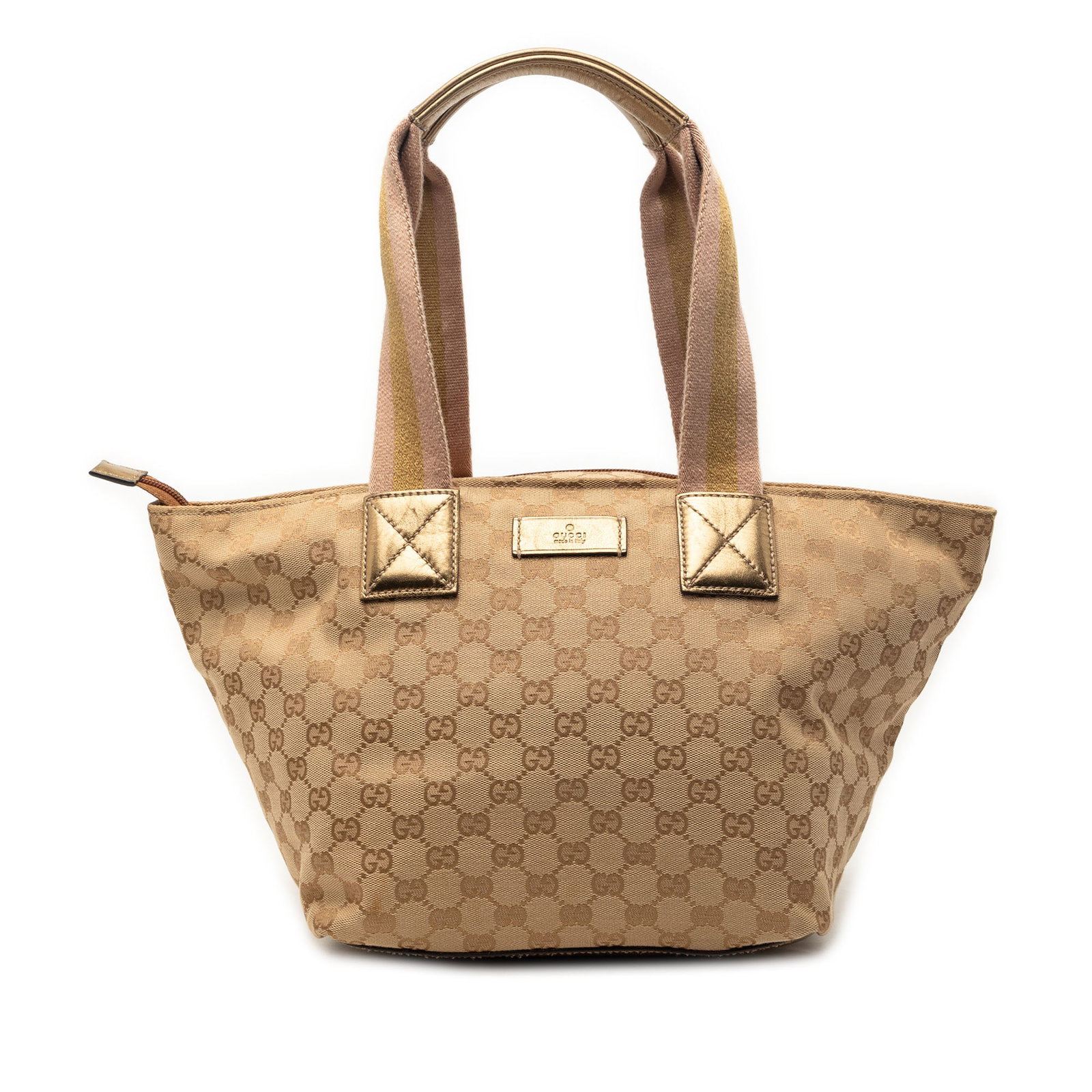 Gucci Beige Canvas Tote with Web Trim: Gucci Beige Canvas Tote with Web Trim This Gucci GG Canvas Web Tote is crafted from durable fabric in a beige color and features flat shoulder straps, a top zip closure, and an interior zip pocket. Ma