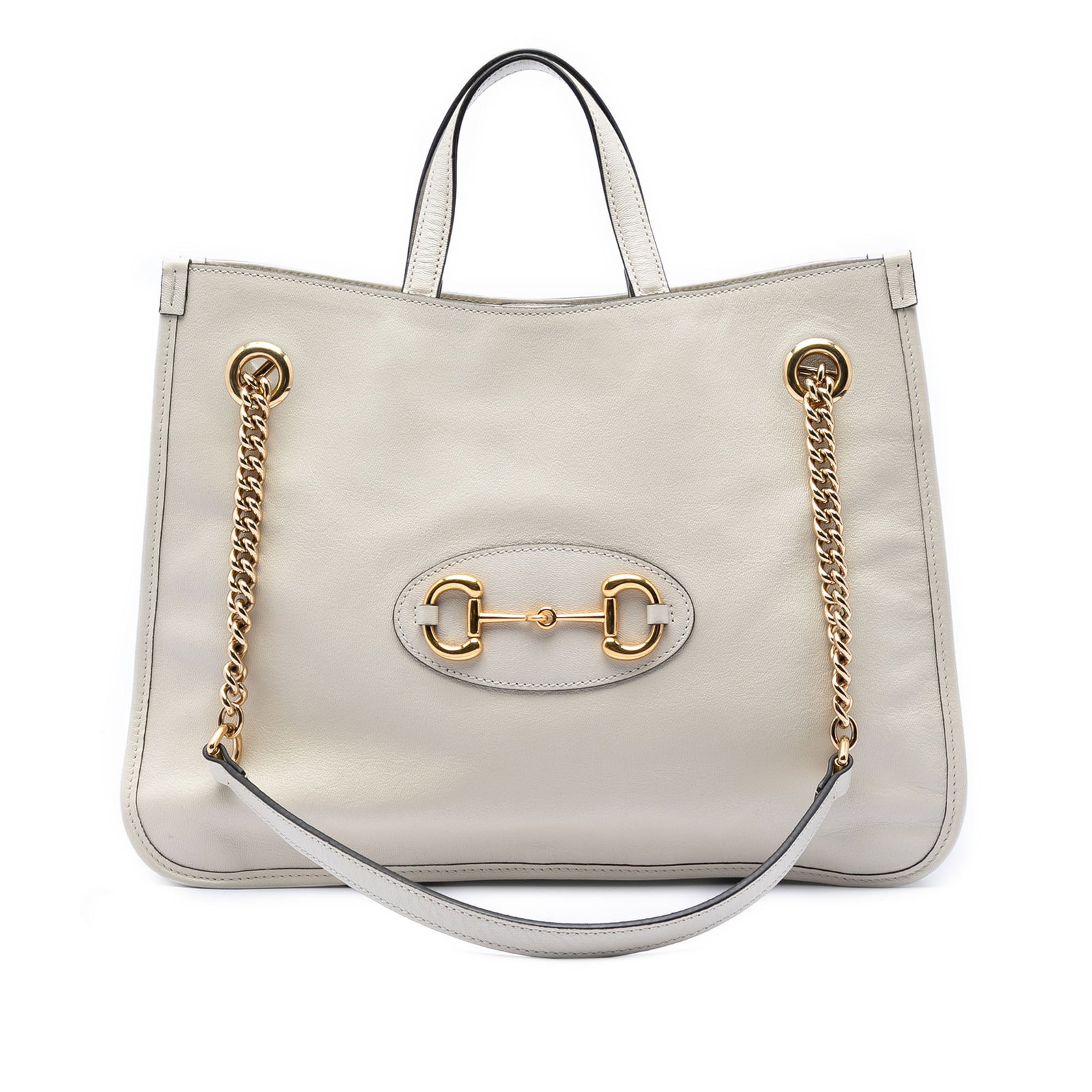 Gucci Horsebit 1955 Chain Tote Leather Satchel: Gucci Horsebit 1955 Chain Tote Leather Satchel This Gucci Medium Calfskin Horsebit 1955 Chain Tote is crafted from white leather and features flat leather handles along with chain-link and leather sho