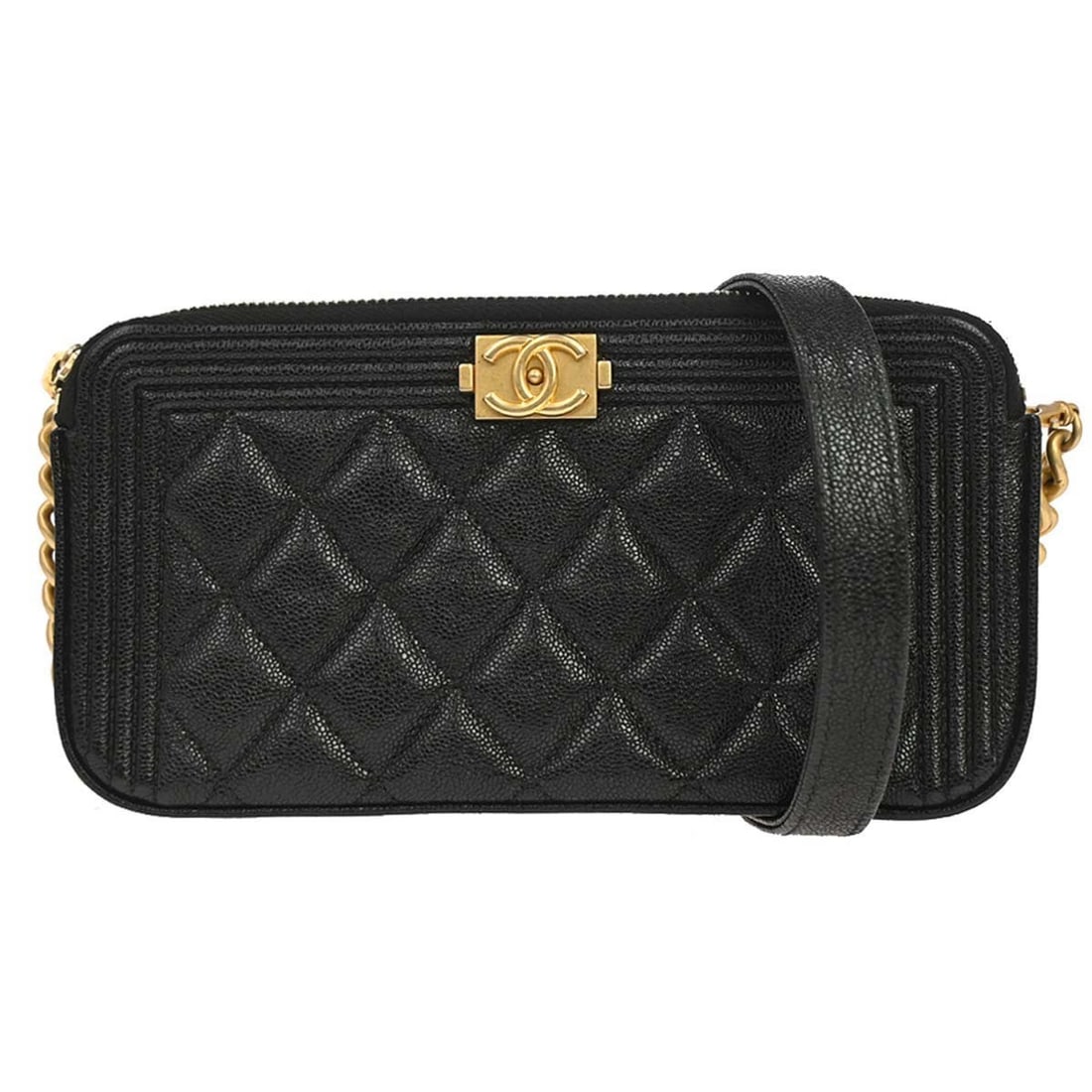 Chanel Boy WOC shoulder bag black caviar leather double zip chain: Chanel Boy WOC shoulder bag black caviar leather double zip chain Black Chanel Boy Double Zip Chain WOC shoulder bag in caviar skin leather, made in France. The bag is described as being in very good 