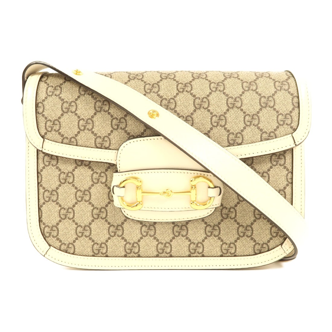 GUCCI Horsebit 1955 GG Shoulder Bag 602204 PVC Coated Canvas: GUCCI Horsebit 1955 GG Shoulder Bag 602204 PVC Coated Canvas This Gucci Horsebit 1955 shoulder bag is crafted from PVC coated canvas in a white and brown colorway. It features a flap closure, one insi