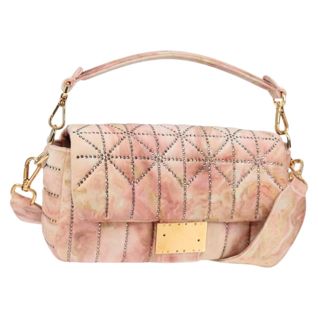 Fendi Mamma Baguette Holiday Edition 2way Velor Shoulder Bag Pink Gold: Fendi Mamma Baguette Holiday Edition 2way Velor Shoulder Bag Pink Gold Fendi Holiday Edition Mamma Baguette bag in pink and gold velor, designed as a shoulder bag with a 2-way style. It is made in Ita