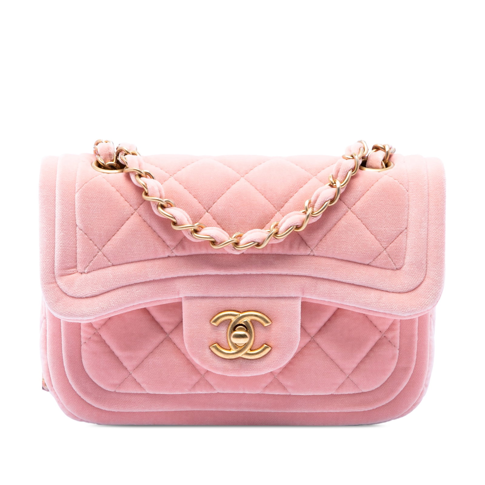 Chanel Mini Double Frame Flap Bag in Pink Quilted Velvet: Chanel Mini Double Frame Flap Bag in Pink Quilted Velvet A Chanel Mini Quilted Velvet Double Frame Flap bag in pink, made in France. It features a quilted velvet body, a leather woven chain strap with