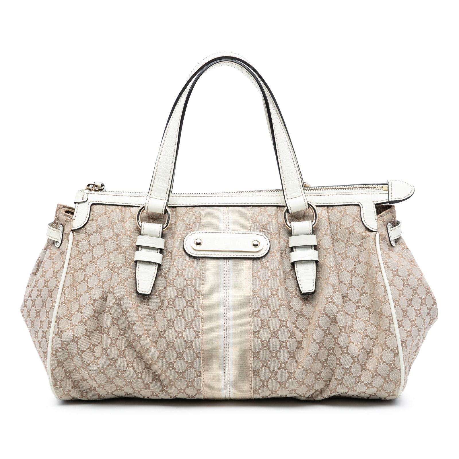 Celine Macadam Beige Canvas Tote with Leather Trim and Zip Top: Celine Macadam Beige Canvas Tote with Leather Trim and Zip Top This Celine Macadam Canvas Handbag features a durable canvas body with leather trim, flat leather handles, a top zip closure, and interio