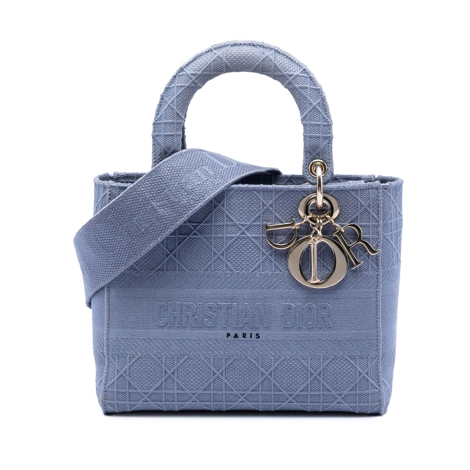 Dior Lady D Lite Medium Blue Cannage Canvas Handbag: Dior Lady D Lite Medium Blue Cannage Canvas Handbag Medium Lady D-Lite bag in blue canvas with Cannage detailing. This bag features flat top handles, a detachable strap, a top flap, and an interior wi