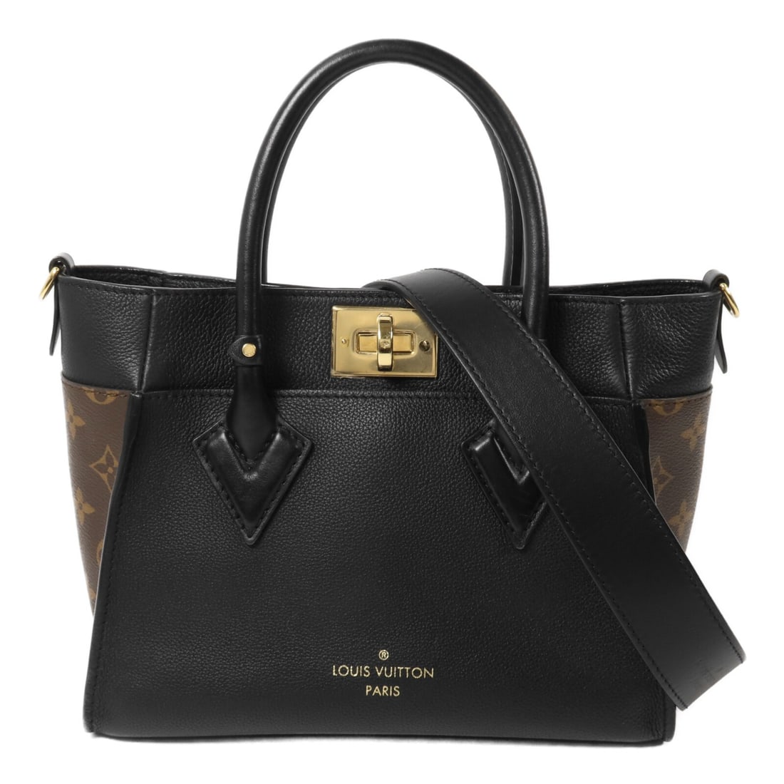 Louis Vuitton On My Side PM Black Monogram Calfskin Shoulder Bag M57728: Louis Vuitton On My Side PM Black Monogram Calfskin Shoulder Bag M57728 A Louis Vuitton On My Side PM 2-way shoulder bag in black and brown, identified by model number M57728. It is made from Monogram