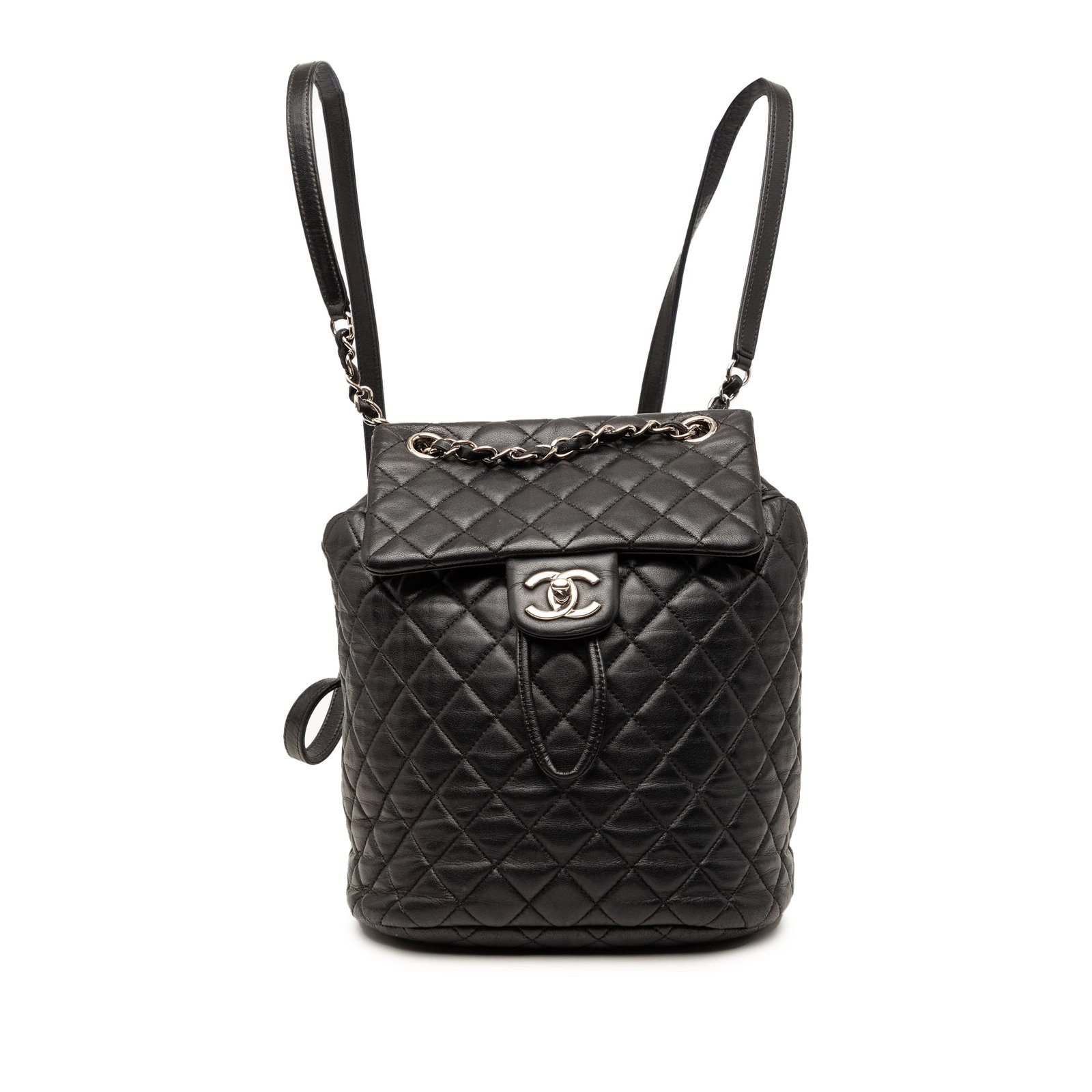 Black Lambskin Backpack Chanel Urban Spirit Small: Black Lambskin Backpack Chanel Urban Spirit Small A Chanel Small Lambskin Urban Spirit Backpack in black, crafted in Italy from quilted lambskin leather. It features a leather-woven chain top handle, 