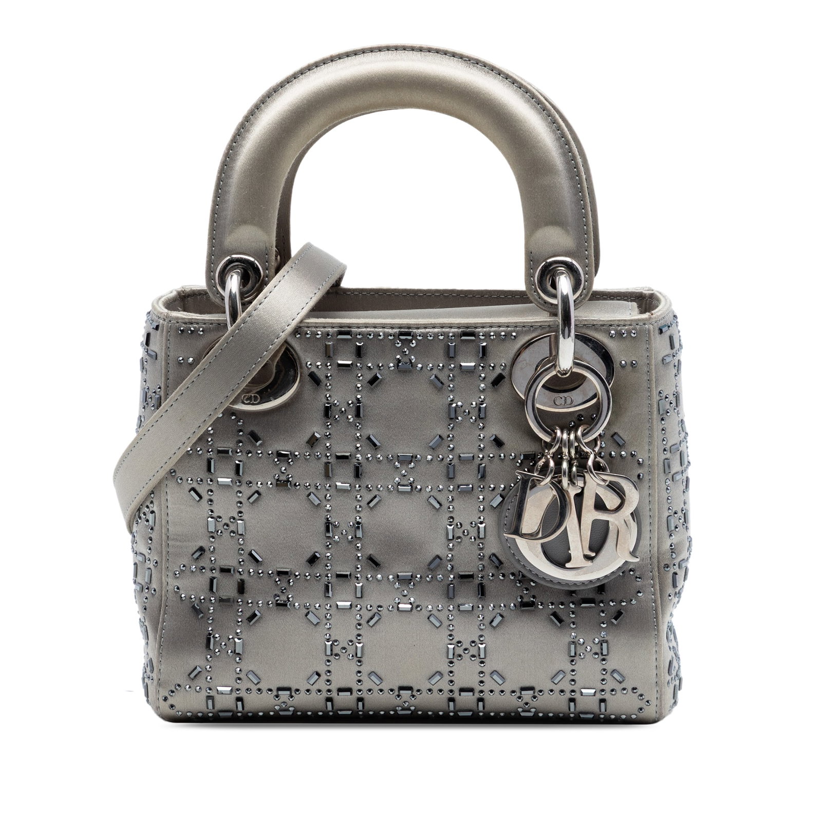 Dior Lady Dior Mini Satin Bag with Crystal Cannage Gray: Dior Lady Dior Mini Satin Bag with Crystal Cannage Gray This Mini Satin Cannage Crystal Embellished Lady Dior bag features a satin body with crystal embellishments, flat satin handles, a detachable st