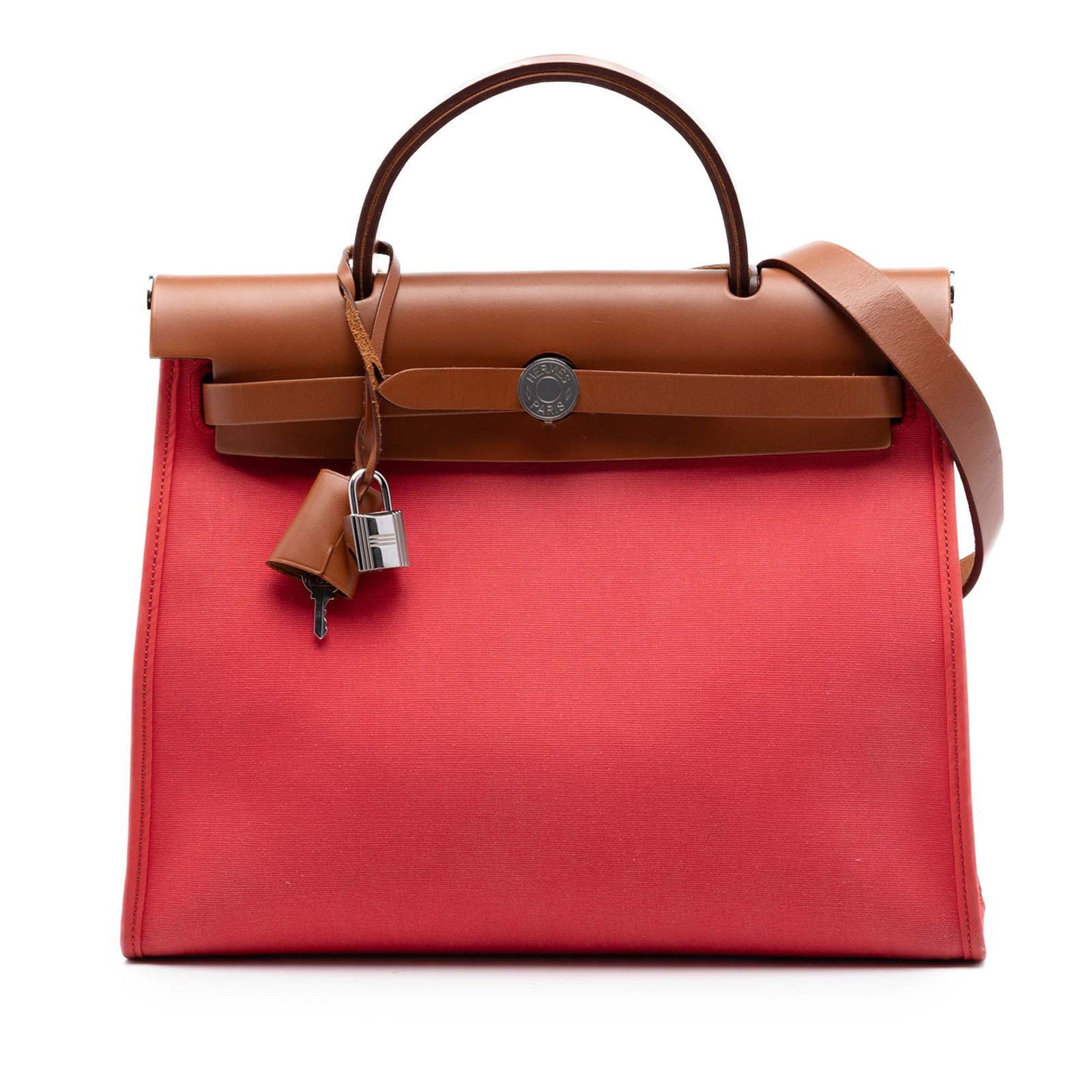 Hermes Herbag Zip 31 red canvas bag: Hermes Herbag Zip 31 red canvas bag This Hermes Toile Herbag Zip 31 features a canvas body with leather trim, a flat leather top handle, a flat leather shoulder strap, a front flap with pull-through s