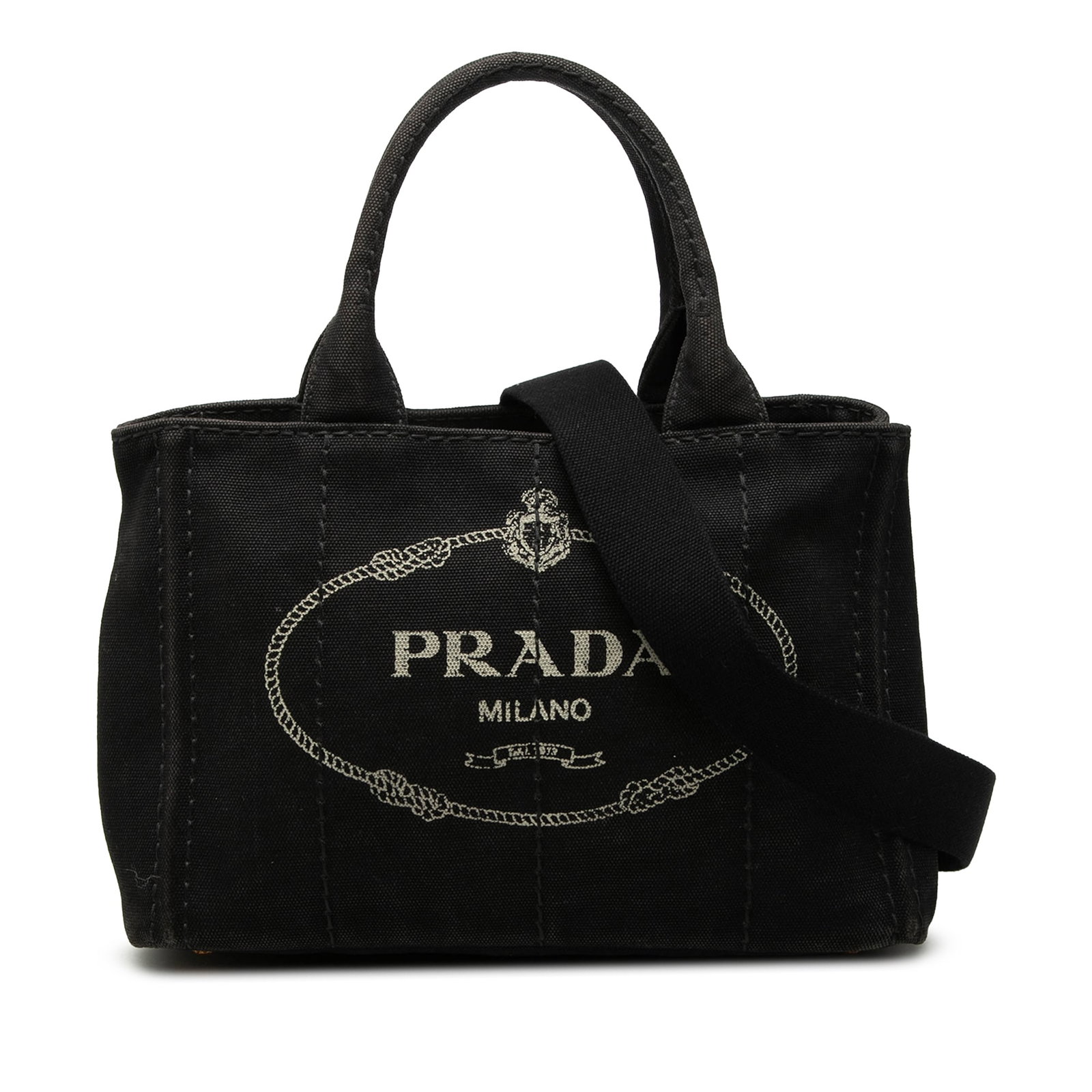 Prada Canapa Logo Fabric Satchel Black: Prada Canapa Logo Fabric Satchel Black This Prada Small Canvas Canapa Logo Satchel features a black canvas body with rolled canvas handles and a detachable flat strap. The open top design includes sid