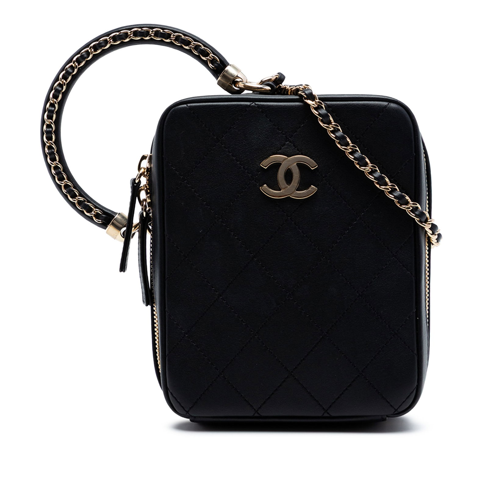 Chanel Cup Of Tea Vanity Case Black Leather Bag: Chanel Cup Of Tea Vanity Case Black Leather Bag This Chanel Calfskin Stitched Cup Of Tea Vanity Case is crafted from stitched black leather and features a rolled leather handle with leather-woven chai
