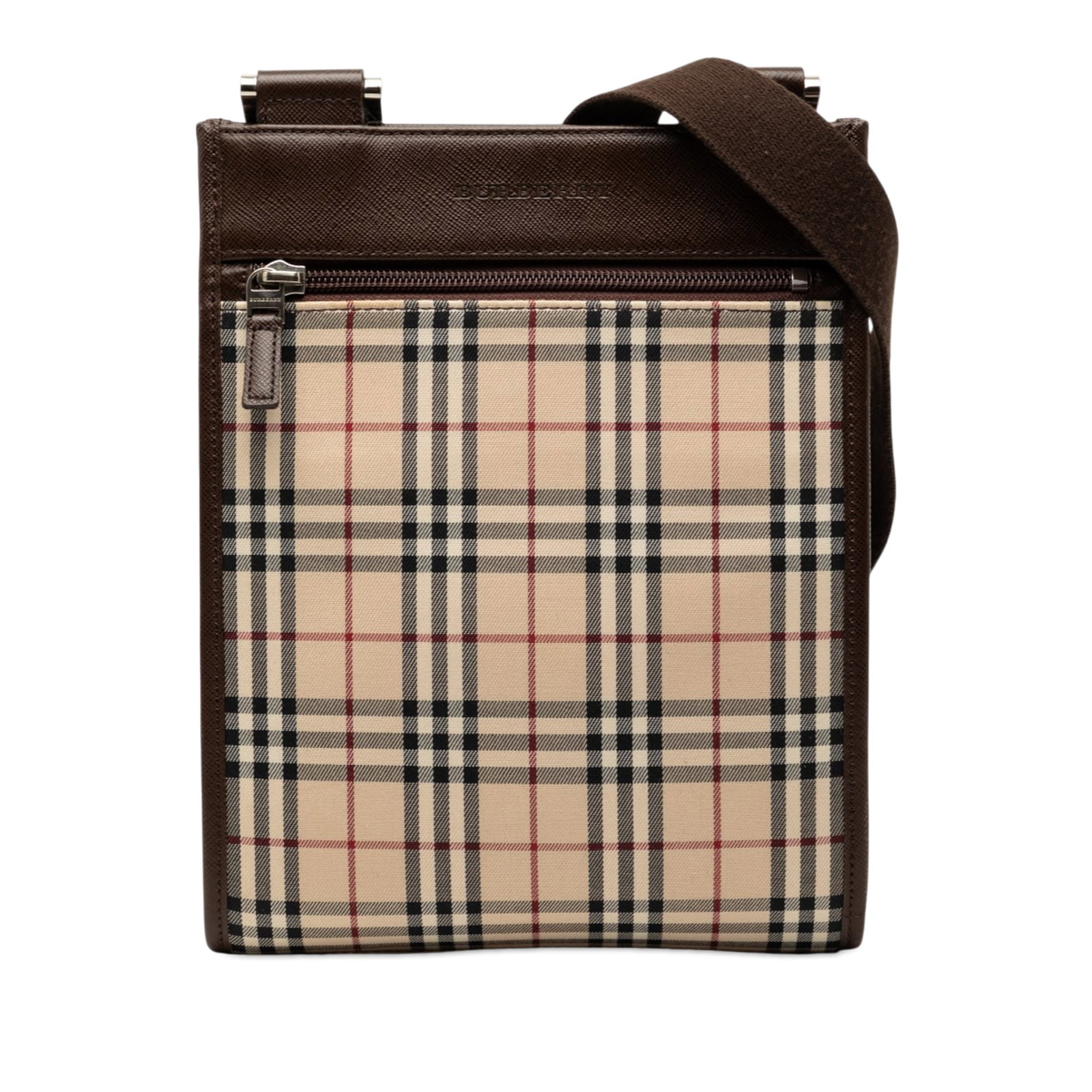Burberry Beige House Check Canvas Crossbody Bag: Burberry Beige House Check Canvas Crossbody Bag This Burberry House Check Canvas Crossbody bag features the iconic house check canvas with leather trim, complemented by an adjustable flat canvas strap