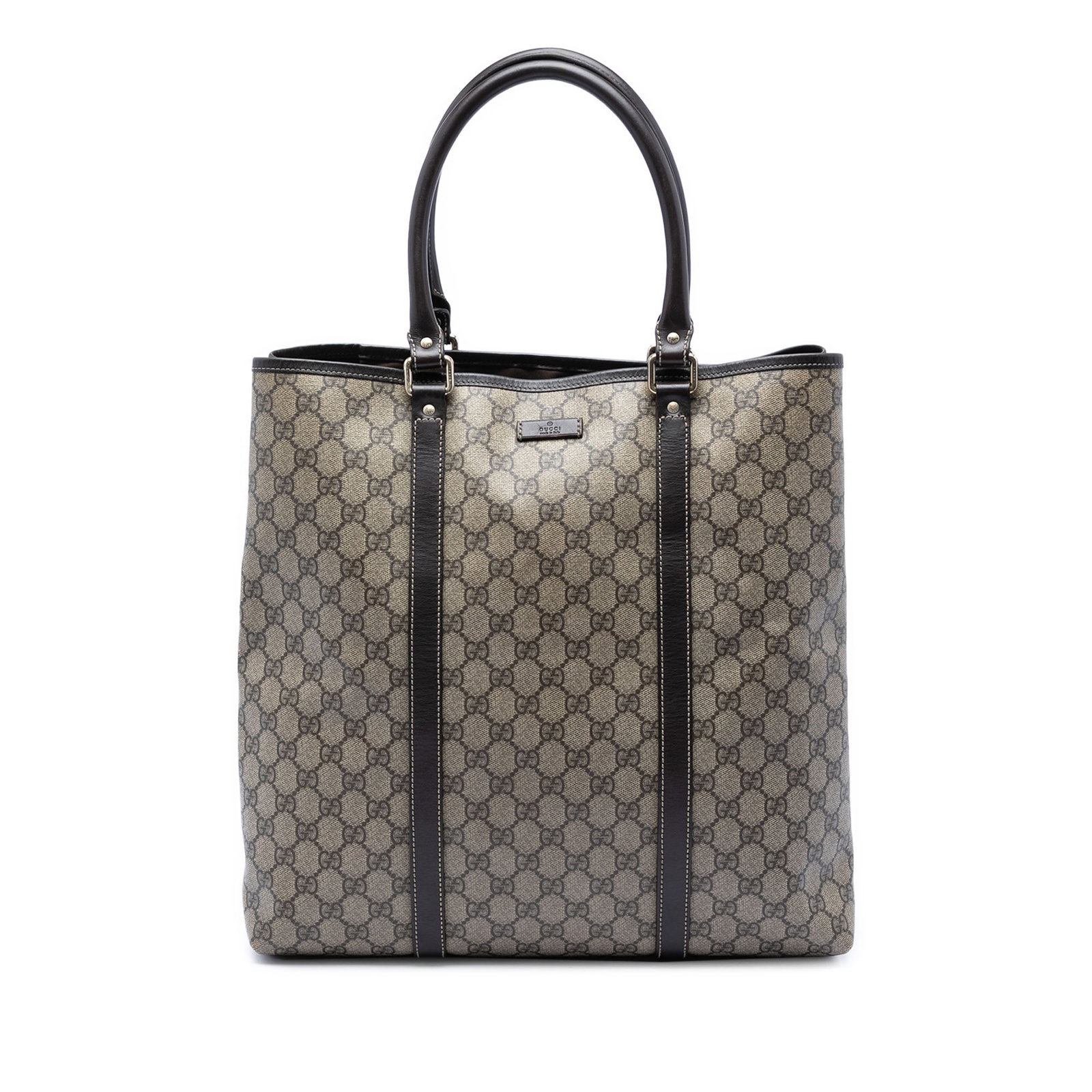 Gucci GG Supreme Joy Vertical Tote Bag: Gucci GG Supreme Joy Vertical Tote Bag This Gucci GG Supreme Joy Vertical Tote features a beige coated canvas body with leather trim, rolled leather handles, and an open top with a magnetic snap closu