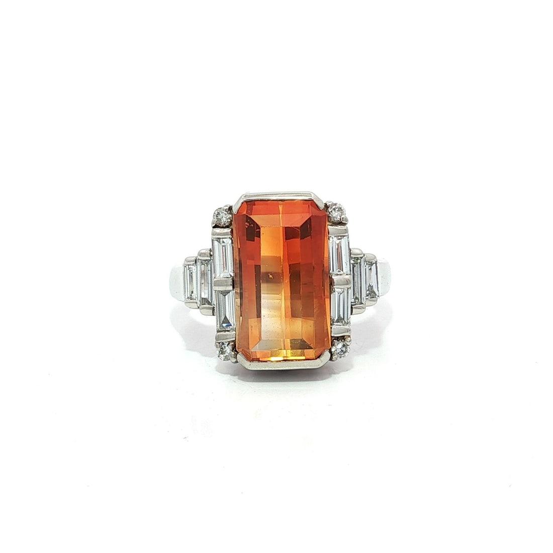 Platinum 4.2ctw Bi-Color Orange Fire Opal Diamond Cocktail Ring: Platinum 4.2ctw Bi-Color Orange Fire Opal Diamond Cocktail Ring This stunning cocktail ring features a remarkable 4.2 carat total weight, showcasing a natural bi-color orange fire opal in an emerald c