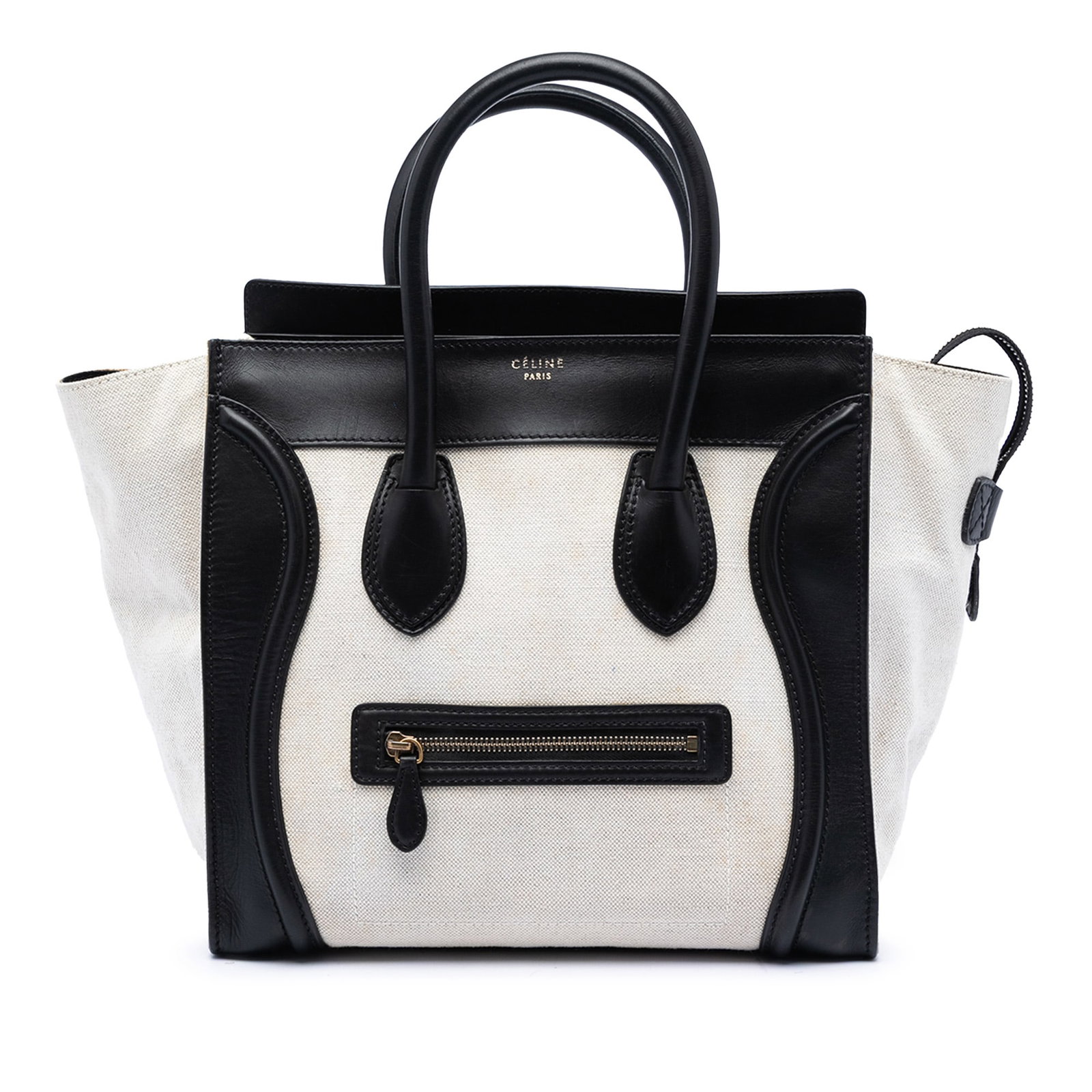 Celine Mini Bicolor Luggage Tote Canvas Leather Brown: Celine Mini Bicolor Luggage Tote Canvas Leather Brown This Celine Mini Bicolor Luggage Tote features a canvas body with leather trim, rolled leather top handles, and a detachable flat leather shoulder