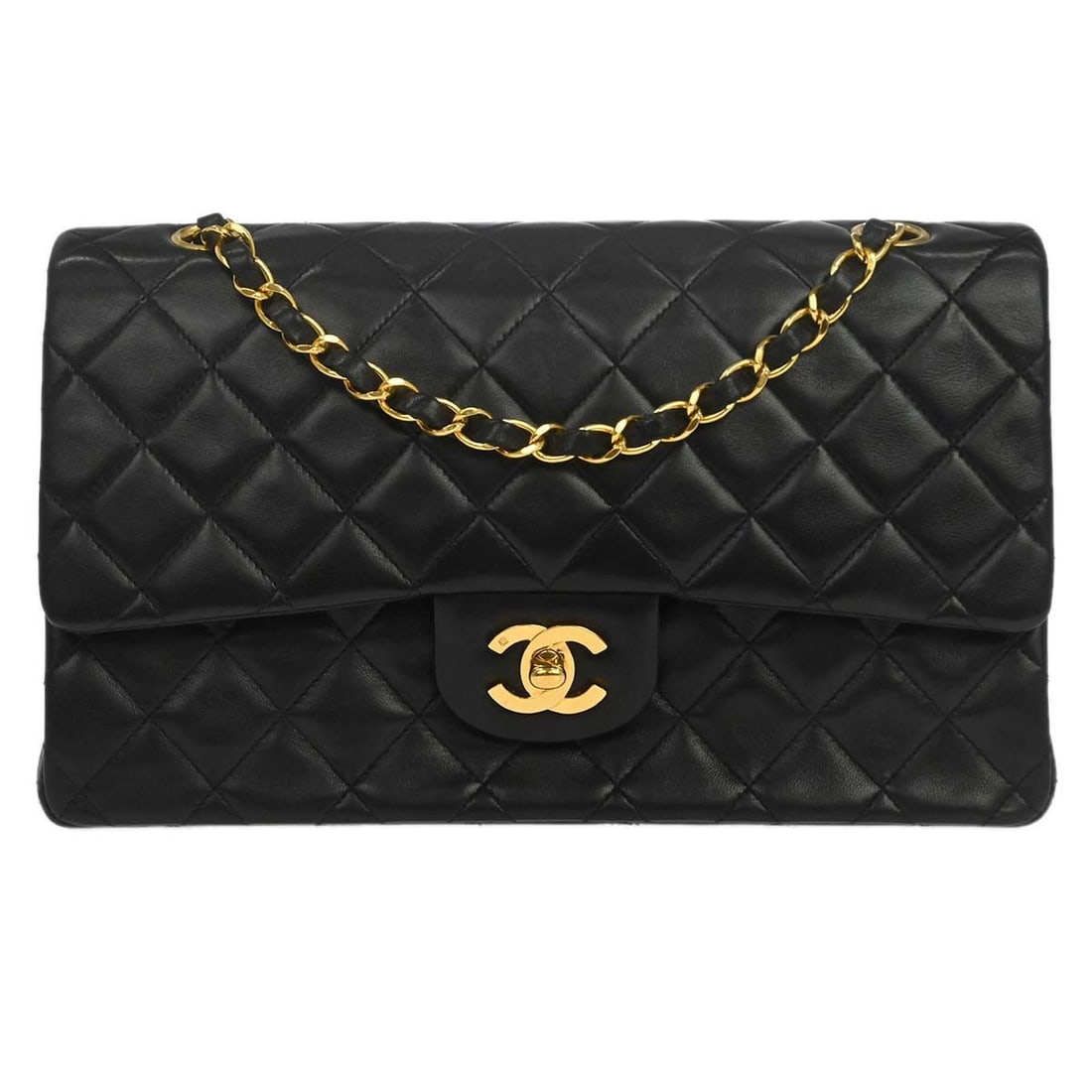 CHANEL Classic Double Flap Medium Shoulder Bag Black Lambskin: CHANEL Classic Double Flap Medium Shoulder Bag Black Lambskin Chanel Medium Classic Double Flap shoulder bag in black lambskin leather with a turn-lock closure and shoulder strap. This women's bag fea