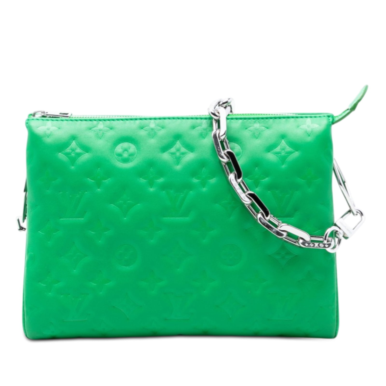 Louis Vuitton Coussin PM Green Embossed Lambskin Shoulder Bag: Louis Vuitton Coussin PM Green Embossed Lambskin Shoulder Bag This Louis Vuitton Monogram Embossed Puffy Lambskin Coussin PM bag features an embossed leather body in green, a chain-link handle, a top 