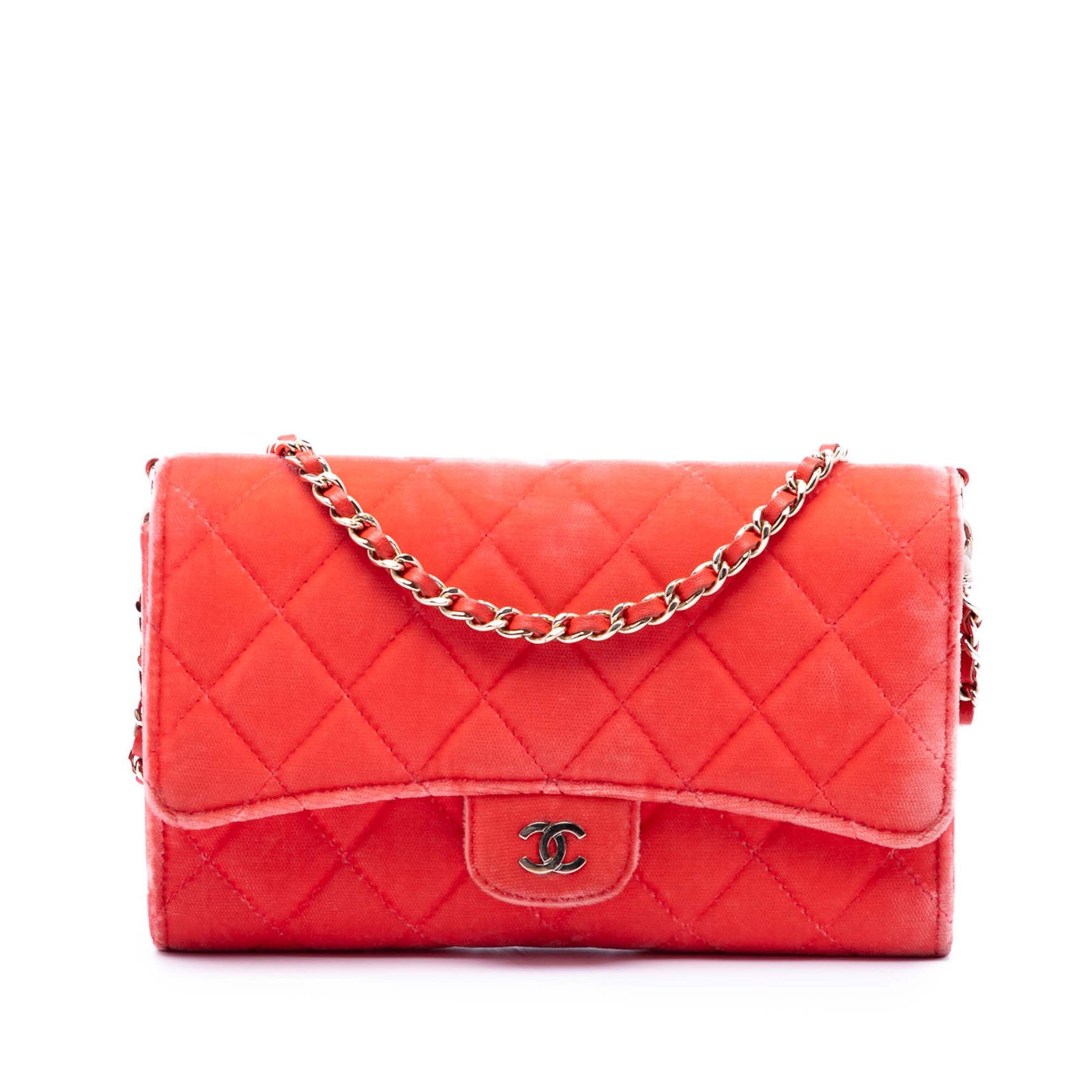 Chanel CC Single Flap Shoulder Bag in Orange Quilted Velvet: Chanel CC Single Flap Shoulder Bag in Orange Quilted Velvet Shoulder bag with a quilted velvet body, a leather-woven chain shoulder strap, and a front flap with snap button closure. It includes interi