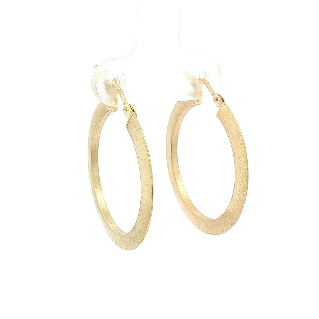 14k Yellow Gold Hoop Earrings 27.5mm Satin Finish Latch Back: 14k Yellow Gold Hoop Earrings 27.5mm Satin Finish Latch Back These hoop earrings are crafted from solid 14k yellow gold with a satin finish. Designed for pierced ears, they feature a latch back snap c