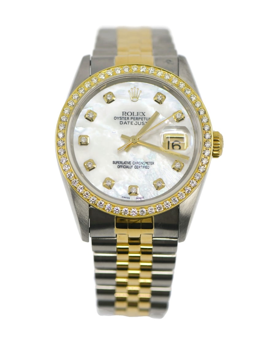 Rolex Datejust 16233 Mother of Pearl Dial Diamond 36mm Automatic Watch: Rolex Datejust 16233 Mother of Pearl Dial Diamond 36mm Automatic Watch This Rolex Datejust wristwatch features a 36 mm stainless steel case with 18K gold accents and a mother of pearl dial. The automa