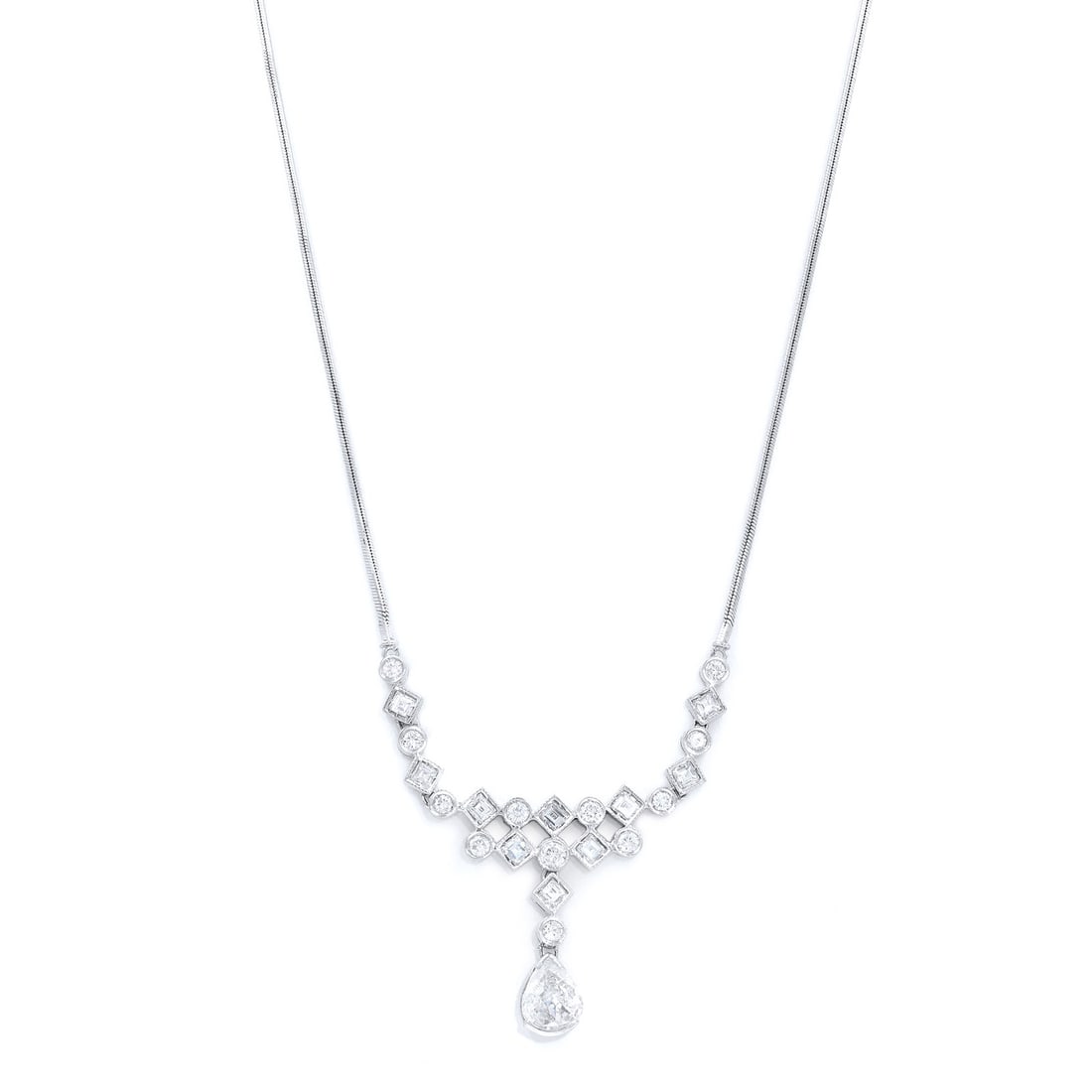 Rachel Koen 18K White Gold Diamond Necklace 2.25Cttw Pear Round Carre: Rachel Koen 18K White Gold Diamond Necklace 2.25Cttw Pear Round Carre Elevate your elegance with this stunning Rachel Koen necklace, featuring a captivating design crafted in 18K white gold. The neckl