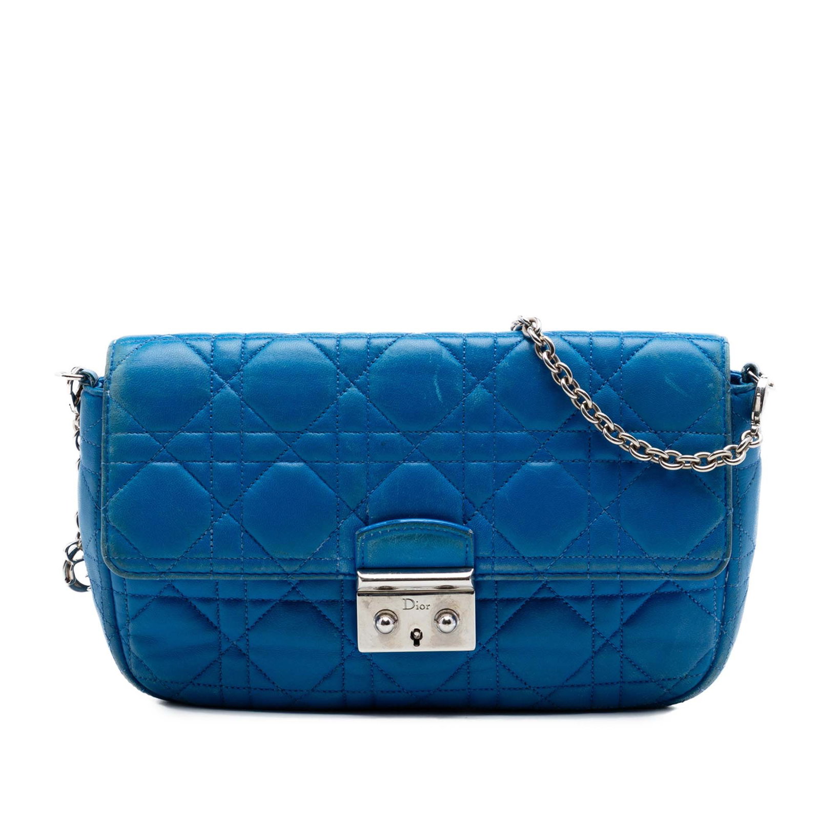 Dior Miss Dior Promenade Blue Lambskin Cannage Crossbody Bag: Dior Miss Dior Promenade Blue Lambskin Cannage Crossbody Bag The Miss Dior Promenade crossbody bag is crafted in quilted leather with a detachable chain link strap, a front flap with push lock closure