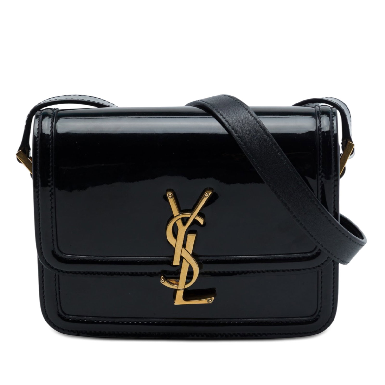 Saint Laurent Solferino Small Patent Leather Satchel Black: Saint Laurent Solferino Small Patent Leather Satchel Black Saint Laurent Small Patent Solferino Satchel in black, made in Italy. It features a patent leather body, an adjustable flat leather strap, a 