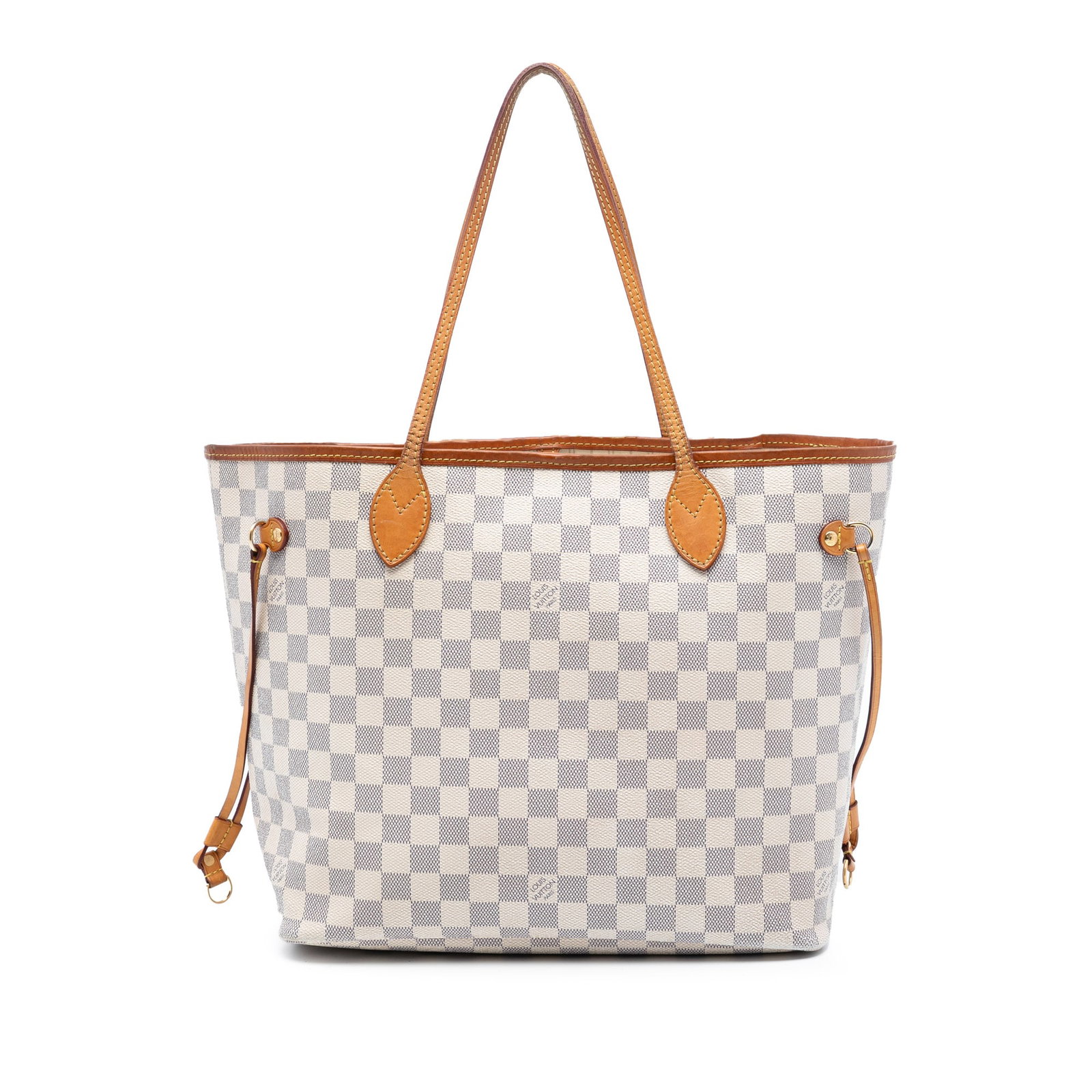 Louis Vuitton Neverfull MM Tote in Damier Azur Canvas with Vachetta Leather Trim: Louis Vuitton Neverfull MM Tote in Damier Azur Canvas with Vachetta Leather Trim This Louis Vuitton Damier Azur Neverfull MM features a durable damier azur canvas body with vachetta leather trim and f