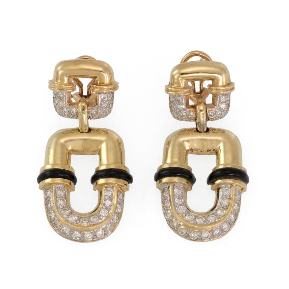 14k Yellow Gold Onyx Diamond Drop Earrings with Omega Backs: 14k Yellow Gold Onyx Diamond Drop Earrings with Omega Backs Elevate your elegance with these stunning Estate Diamond Onyx Drop Earrings crafted from 14k yellow gold. Featuring a polished finish, these