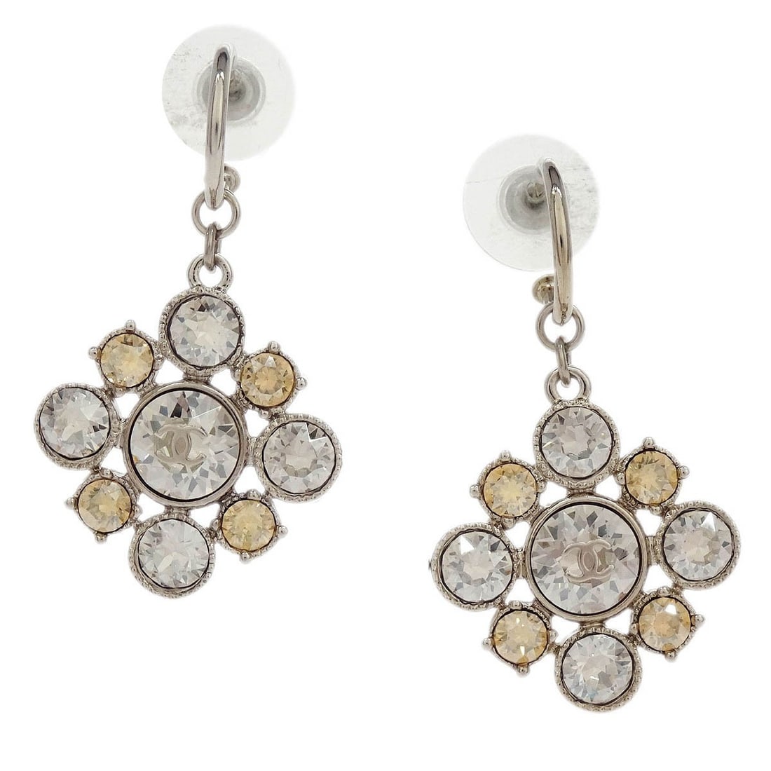 CHANEL Rhombus Silver Plated Rhinestone Dangle Earrings C13V (1 of 4)