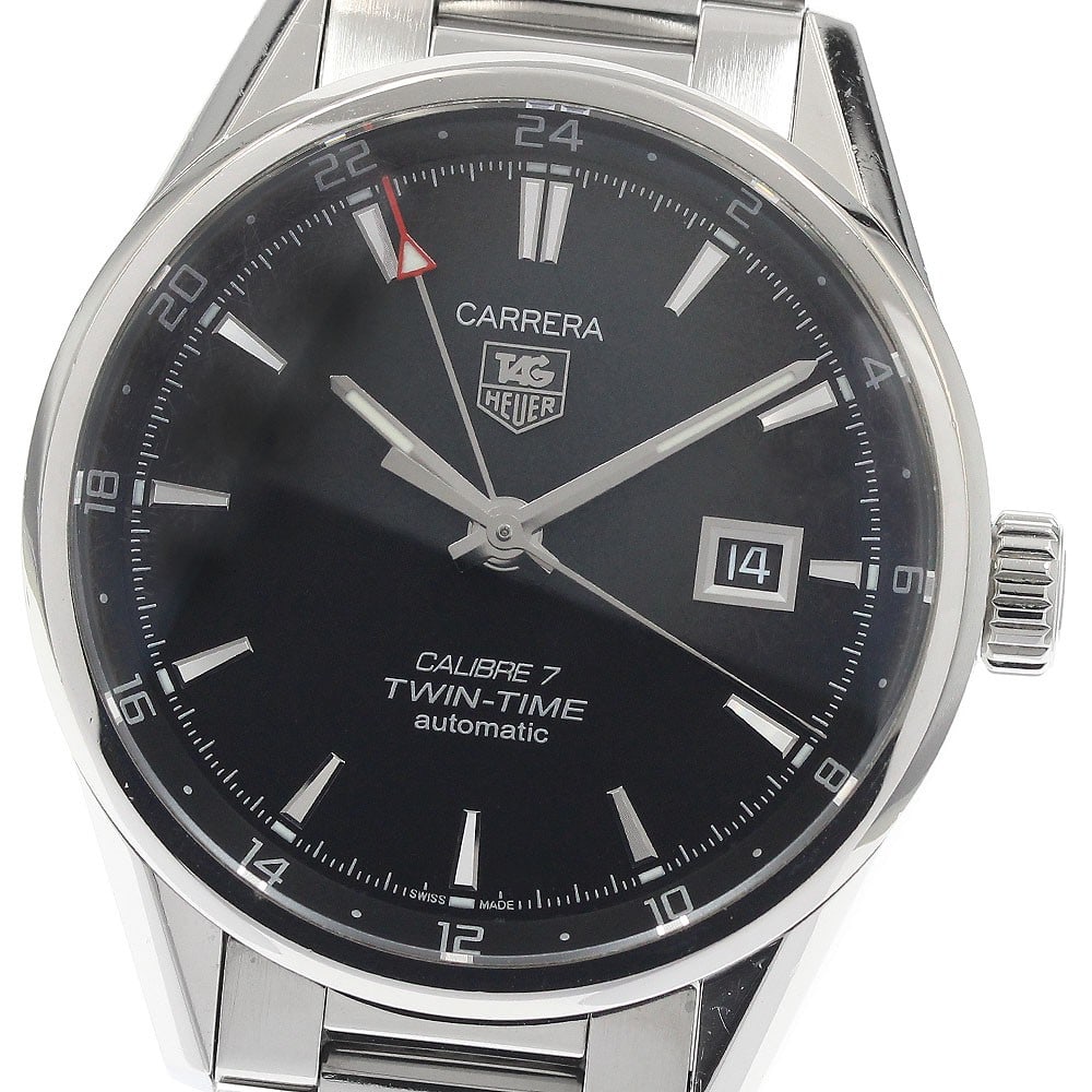 TAG Heuer Carrera Calibre 7 Twin Time WAR2010-0 Mens Wristwatch: TAG Heuer Carrera Calibre 7 Twin Time WAR2010-0 Mens Wristwatch TAG Heuer Carrera Calibre 7 Twin Time men's wristwatch, reference WAR2010-0, with a black dial and automatic movement. This pre-owned wa