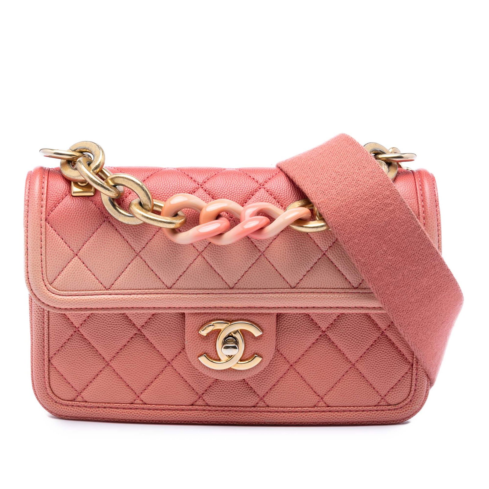 Chanel Sunset On The Sea Pink Quilted Caviar Flap Bag: Chanel Sunset On The Sea Pink Quilted Caviar Flap Bag This Chanel Small Quilted Caviar Sunset On The Sea Flap bag is crafted from quilted caviar leather in pink and features a curb acrylic chain link 