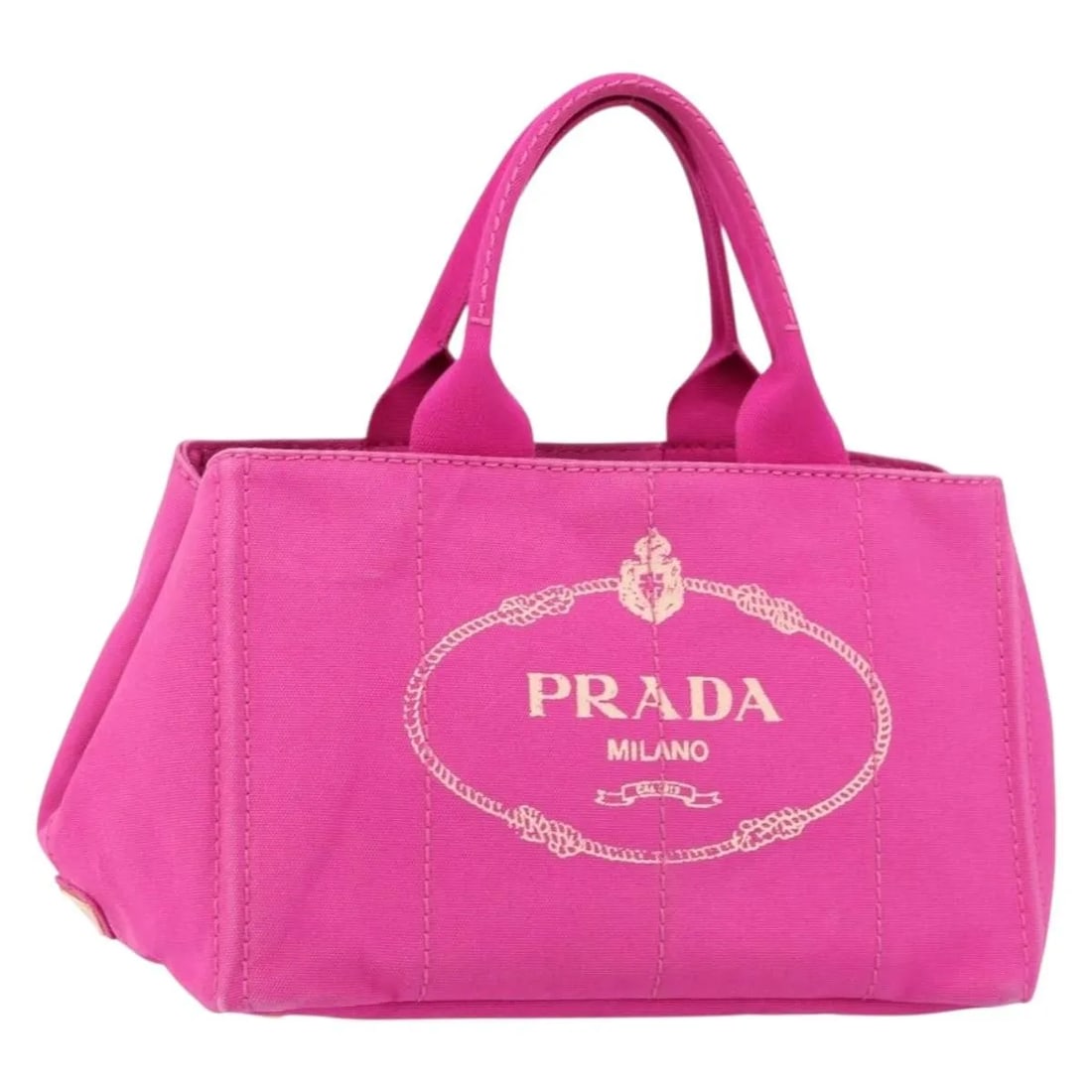 Prada Canapa Pink Canvas Tote Bag 34cm: Prada Canapa Pink Canvas Tote Bag 34cm This pre-owned Prada Canapa Tote is crafted from pink canvas and designed for women. The tote features metal fittings and offers ample space for daily use. It is