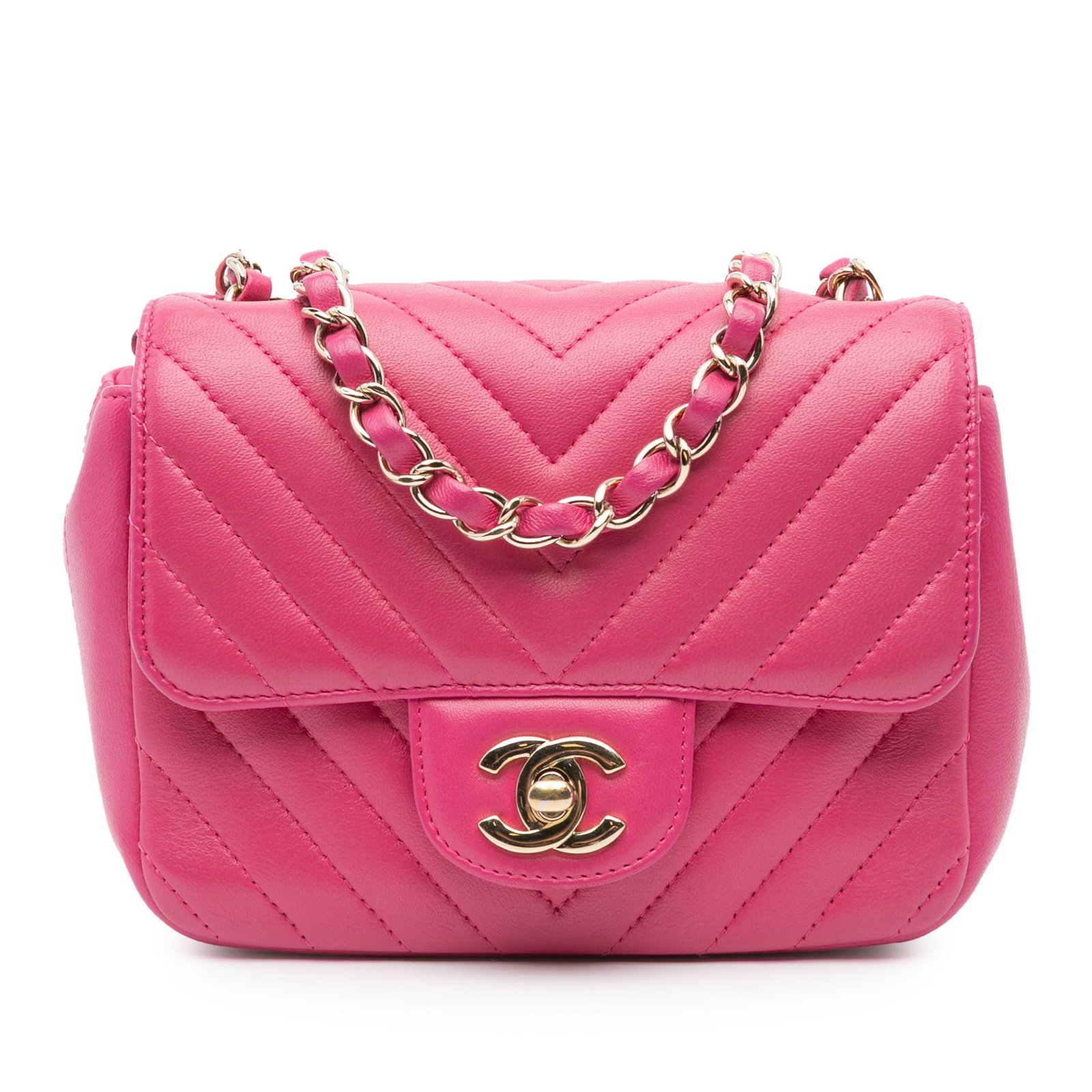 Chanel Mini Square Classic Chevron Pink Lambskin Flap Bag: Chanel Mini Square Classic Chevron Pink Lambskin Flap Bag This Chanel Mini Square Classic Chevron is a stylish and compact bag made from luxurious quilted lambskin leather in a beautiful pink hue. It 