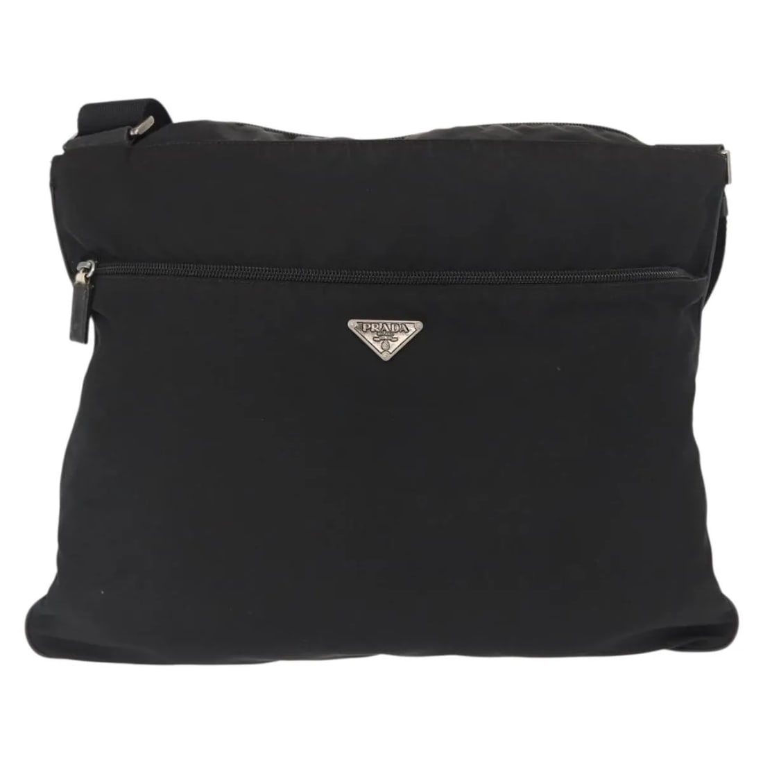 Prada Tessuto Black Nylon Unisex Messenger Bag with Front Pocket: Prada Tessuto Black Nylon Unisex Messenger Bag with Front Pocket This Prada Front Pocket Messenger Bag is crafted from durable black nylon and designed for unisex use. It features a practical front po