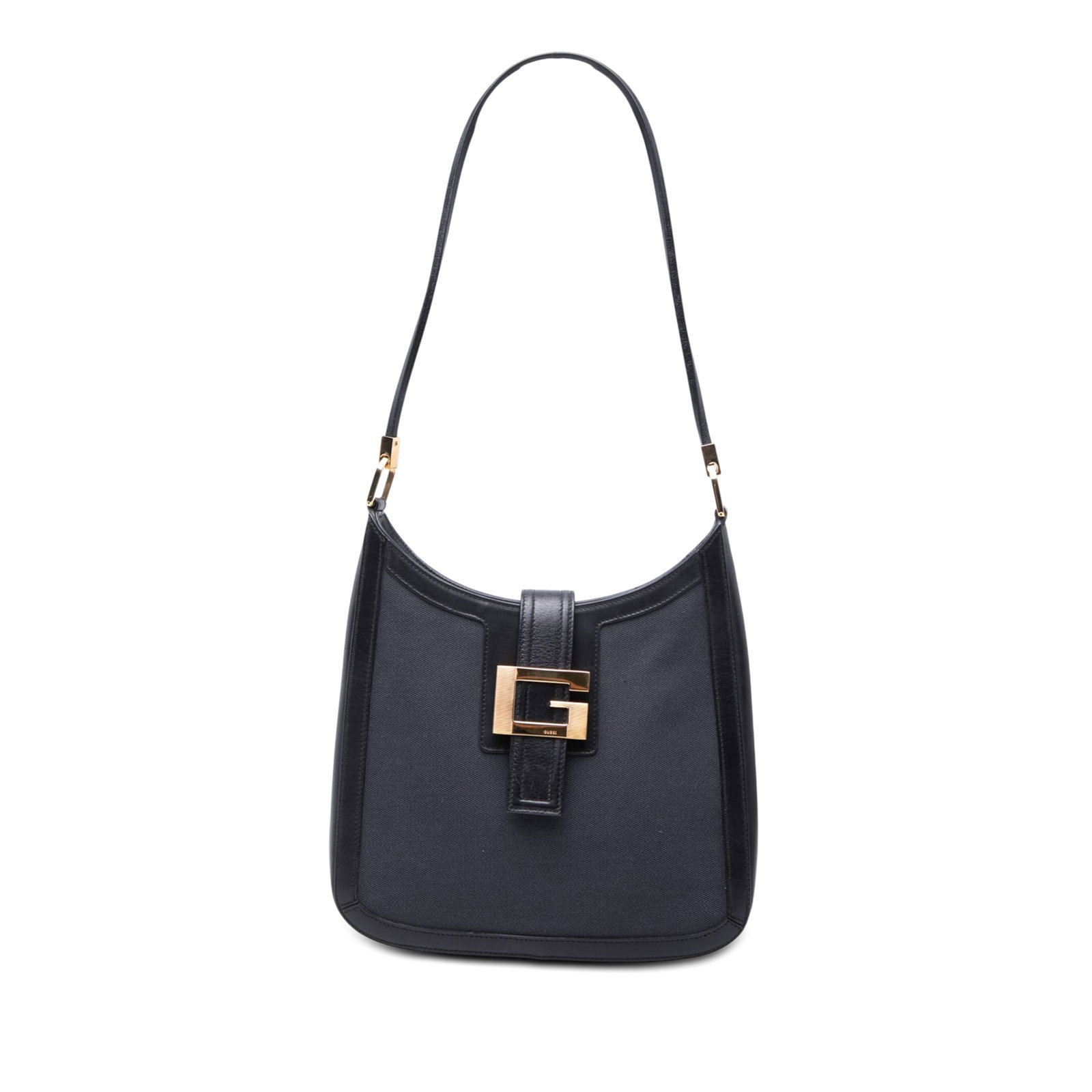 Gucci Bicolor Canvas Calfskin Hobo Shoulder Bag Gray: Gucci Bicolor Canvas Calfskin Hobo Shoulder Bag Gray This Gucci hobo shoulder bag is crafted from canvas and calfskin leather in a gray bicolor design. It features a flat leather strap, an open top wi