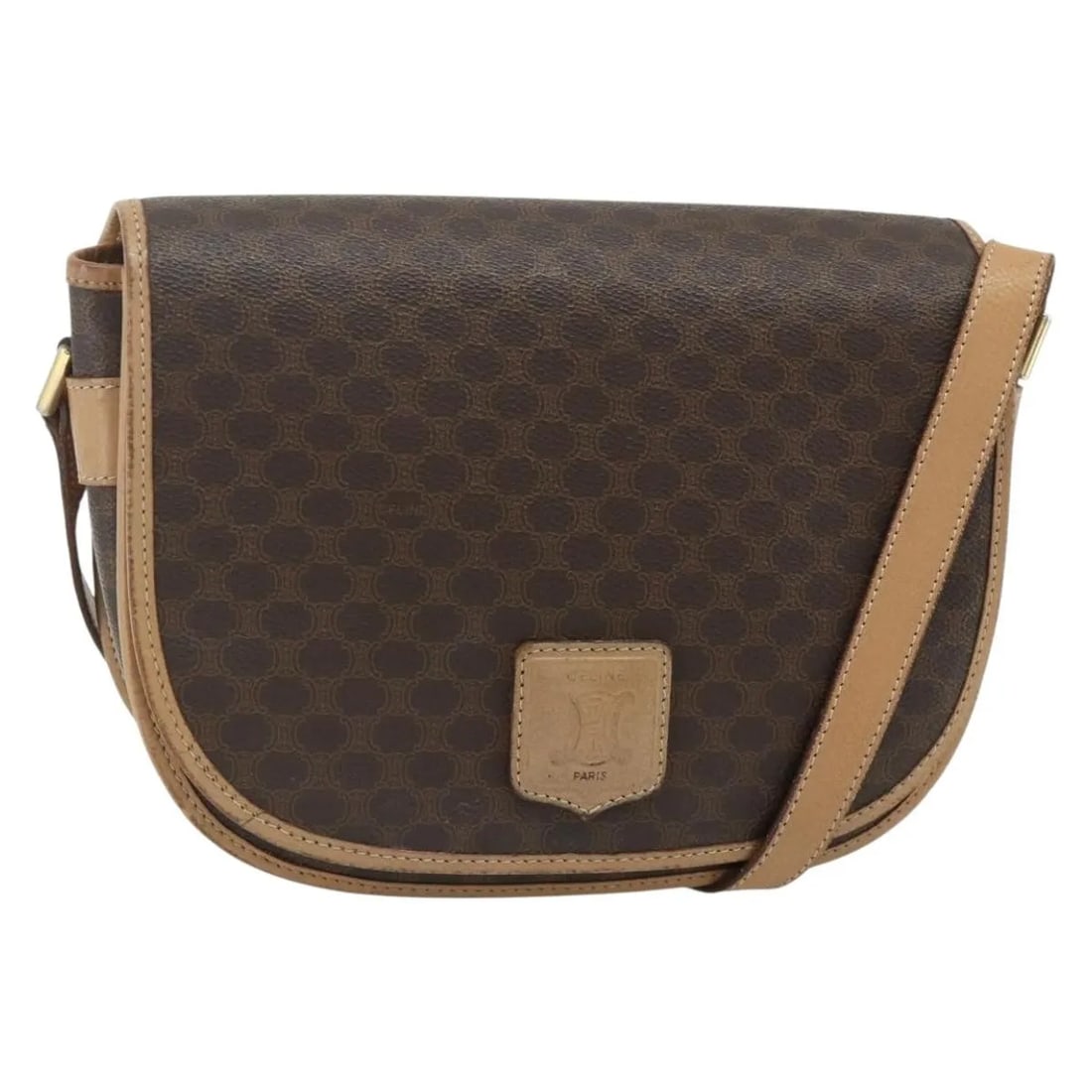 Celine Vintage Macadam brown canvas shoulder bag with leather trim: Celine Vintage Macadam brown canvas shoulder bag with leather trim This Celine Vintage Macadam Shoulder Bag features the iconic brown canvas with leather accents. Designed for women, it offers a class