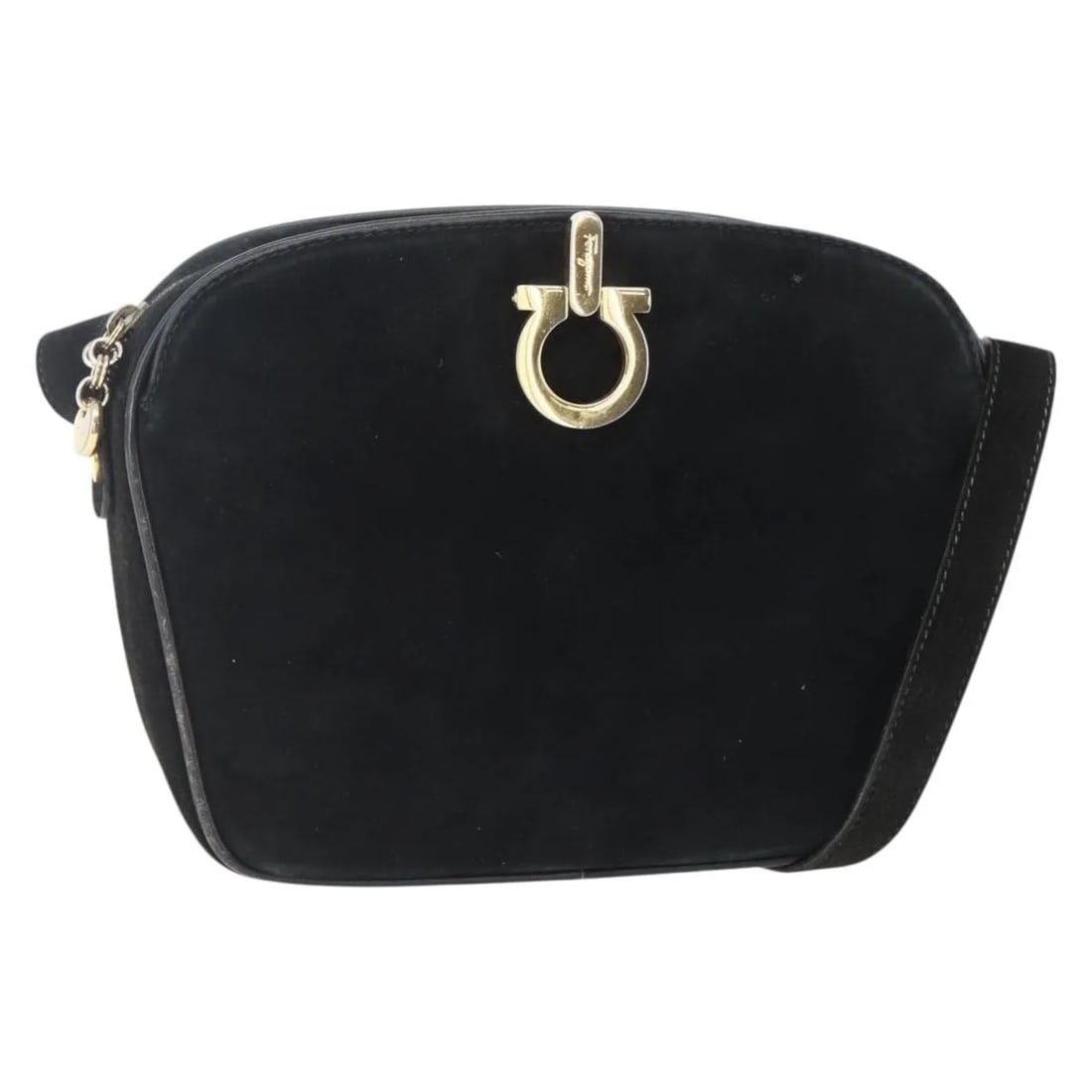 Black Suede Shoulder Bag Salvatore Ferragamo Gancini: Black Suede Shoulder Bag Salvatore Ferragamo Gancini This Salvatore Ferragamo Gancini shoulder bag is made of black suede designed for women. It features metal fittings and a shoulder strap. The bag s