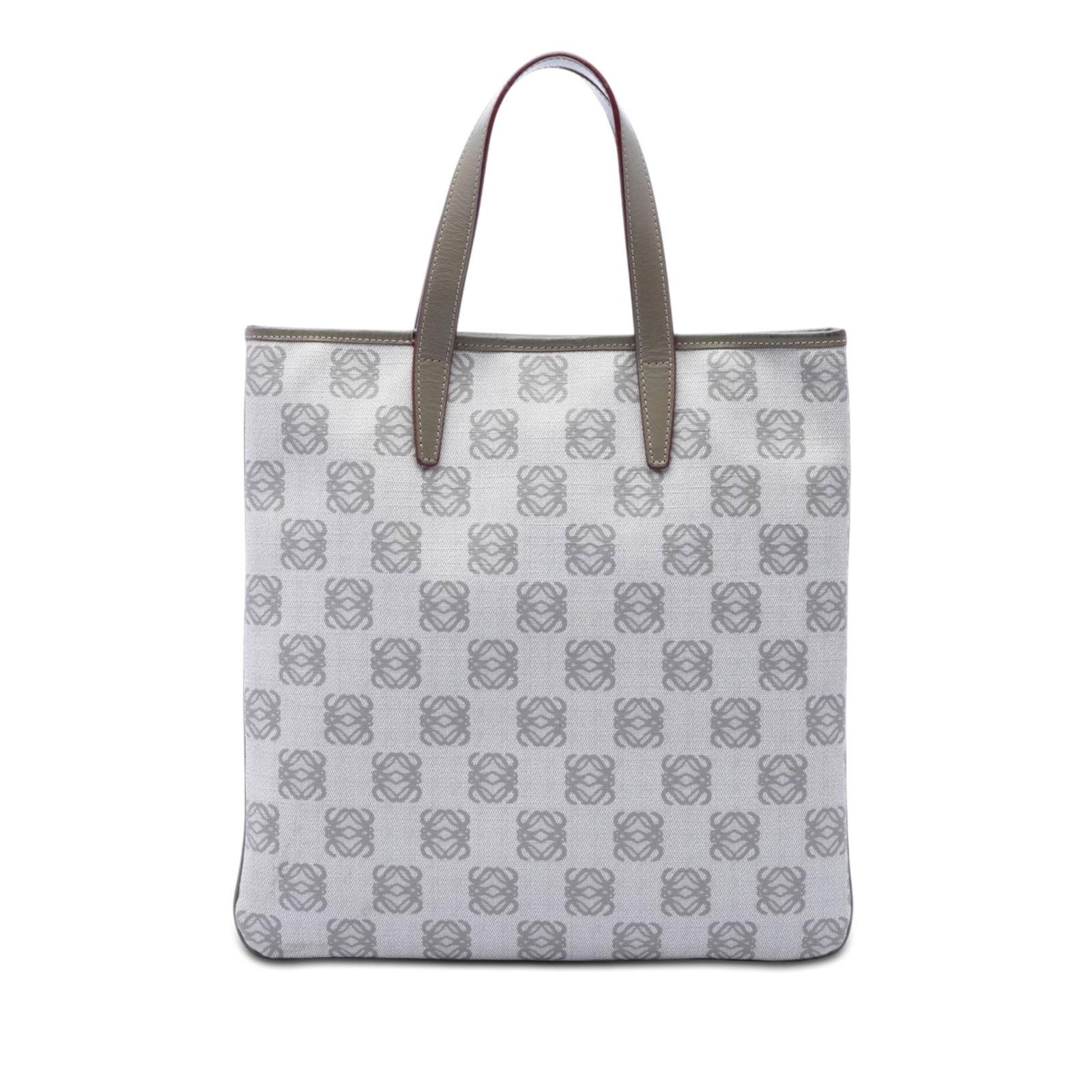 LOEWE Anagram gray coated canvas tote with leather trim: LOEWE Anagram gray coated canvas tote with leather trim LOEWE Anagram coated canvas tote with leather trim and flat leather handles. The bag features an open top with a magnetic snap closure and an in