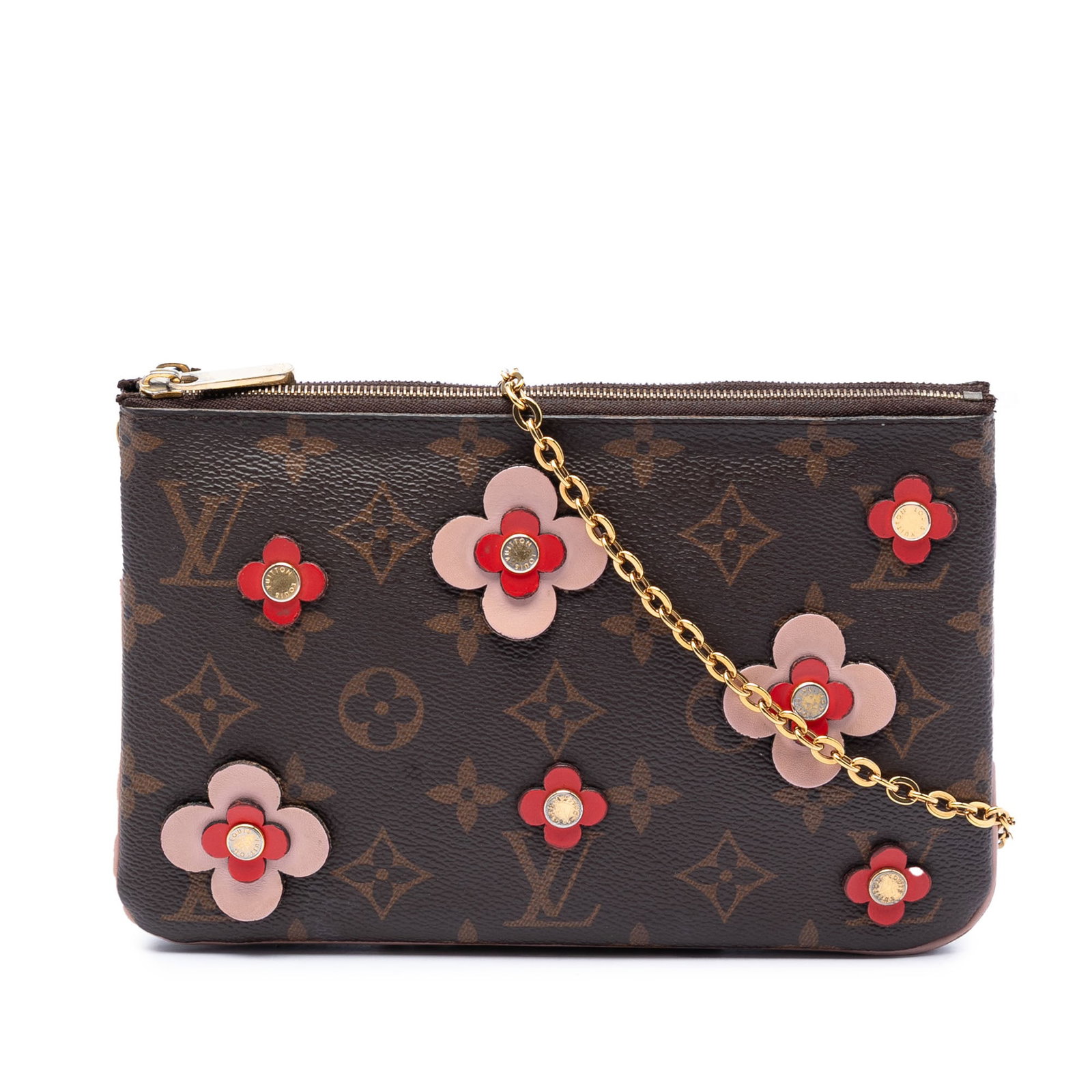 Louis Vuitton Blooming Flowers Double Zip Pochette Monogram Canvas Bag: Louis Vuitton Blooming Flowers Double Zip Pochette Monogram Canvas Bag Louis Vuitton Monogram Blooming Flowers Double Zip Pochette crafted with a monogram canvas body and leather floral details. This 