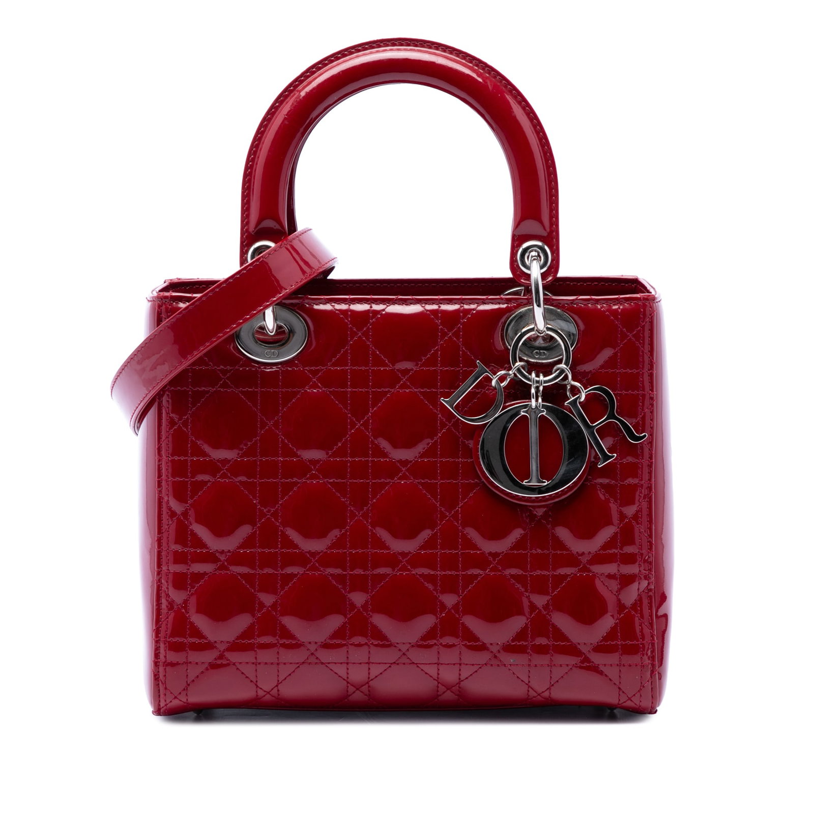 Dior Lady Dior Medium Cannage Patent Leather Bag Red: Dior Lady Dior Medium Cannage Patent Leather Bag Red Medium Patent Cannage Lady Dior bag in red quilted patent leather, made in France. It features flat leather top handles, a detachable flat leather 