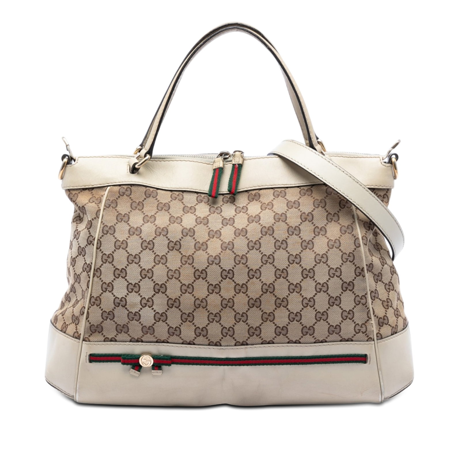 Gucci Mayfair Satchel Beige GG Canvas Bag with Web Stripe: Gucci Mayfair Satchel Beige GG Canvas Bag with Web Stripe Gucci GG Canvas Web Mayfair Satchel crafted with a canvas body, leather trim, and web detail. It features flat leather handles, an adjustable 