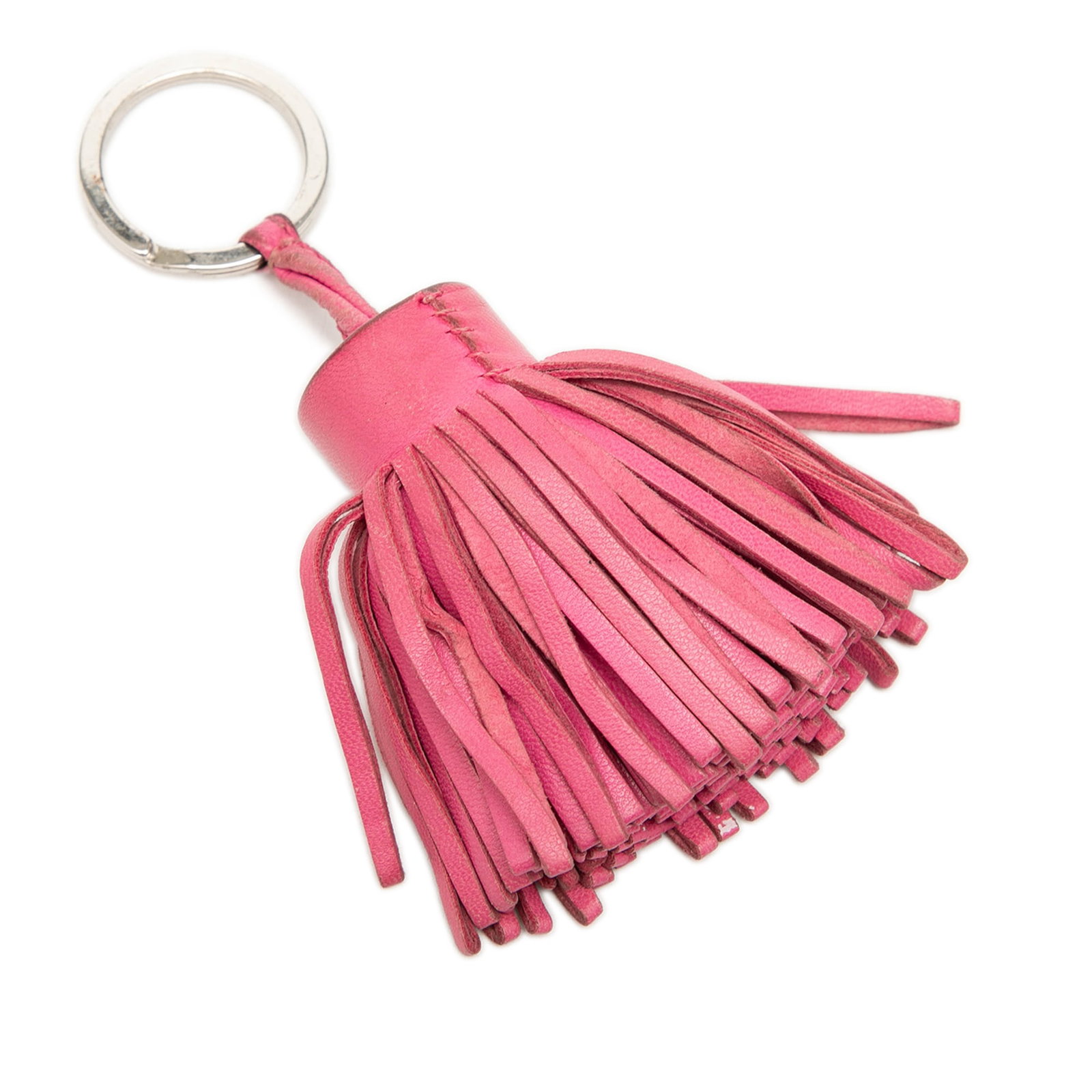 Hermes Carmen Milo lambskin leather key chain pink: Hermes Carmen Milo lambskin leather key chain pink Hermes Milo Lambskin Carmen key ring in pink lambskin leather with a silver-tone metal key ring. Made in France. Condition is B+ with visible wear an