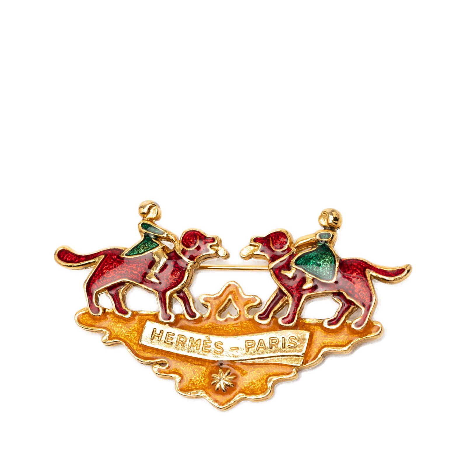 Hermes enamel gold plated brooch children and dogs: Hermes enamel gold plated brooch children and dogs This Hermes brooch features a gold-plated metal body with colorful enamel detailing depicting children and dogs. It is designed with a secure pin clo