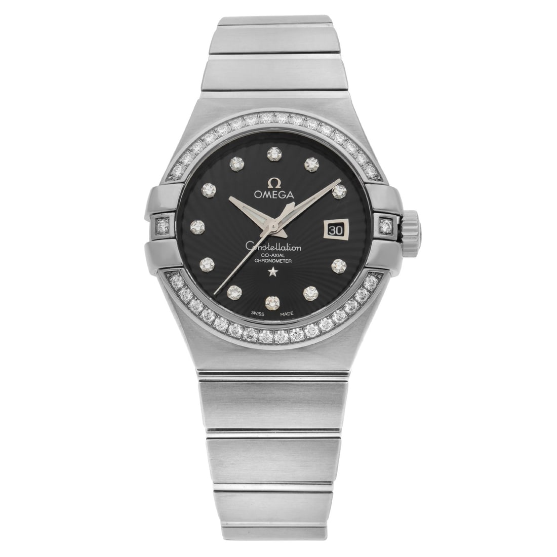 Omega Constellation 18K White Gold Ladies Watch 123.55.31.20.51.001 with Diamonds: Omega Constellation 18K White Gold Ladies Watch 123.55.31.20.51.001 with Diamonds Experience luxury with the Omega Constellation ladies' watch, model 123.55.31.20.51.001. This exquisite timepiece feat
