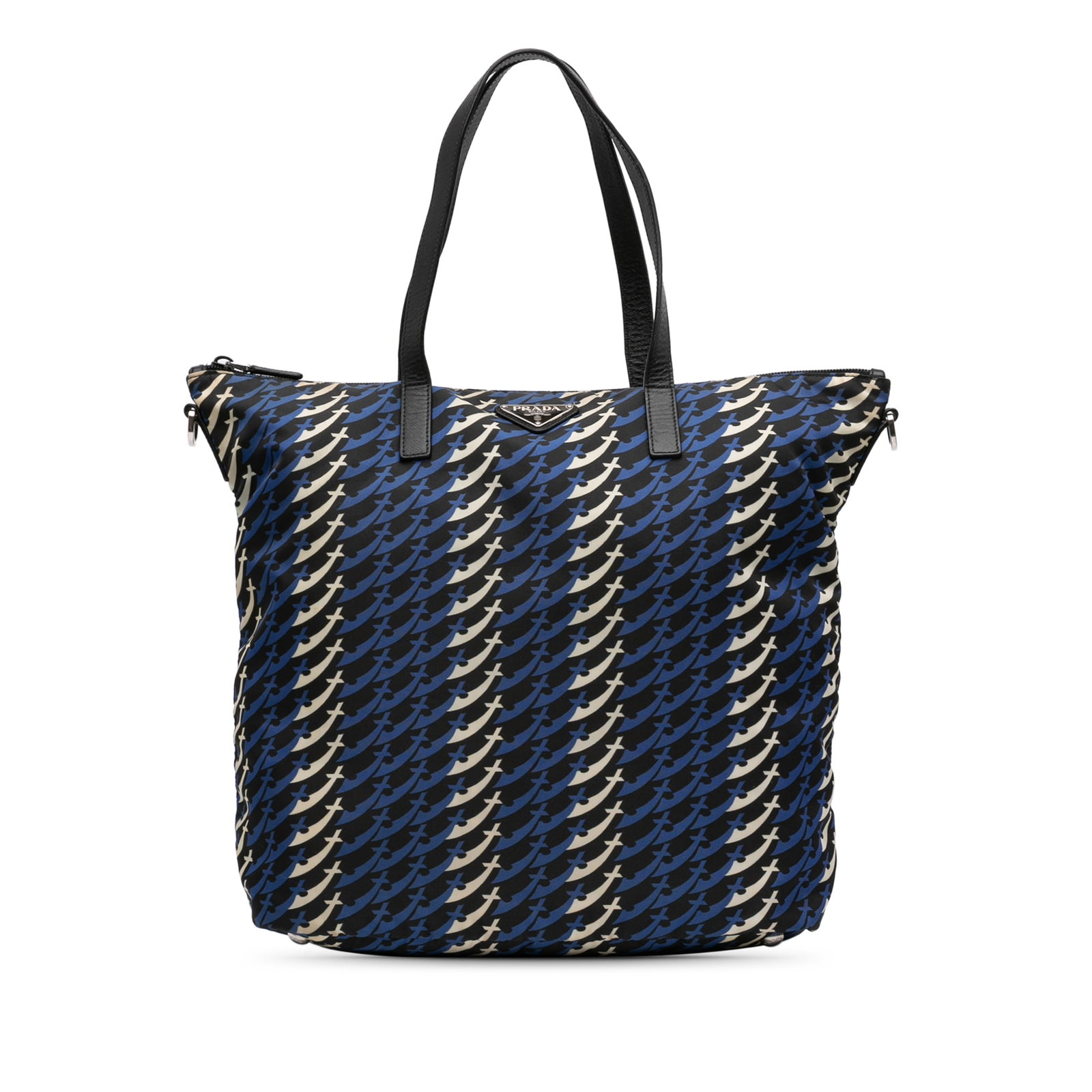 Prada Tessuto Stampato Printed Nylon Satchel with Leather Trim Blue: Prada Tessuto Stampato Printed Nylon Satchel with Leather Trim Blue This Prada Tessuto Stampato Satchel features a printed nylon body with leather trim, flat leather handles, a top zip closure, and an