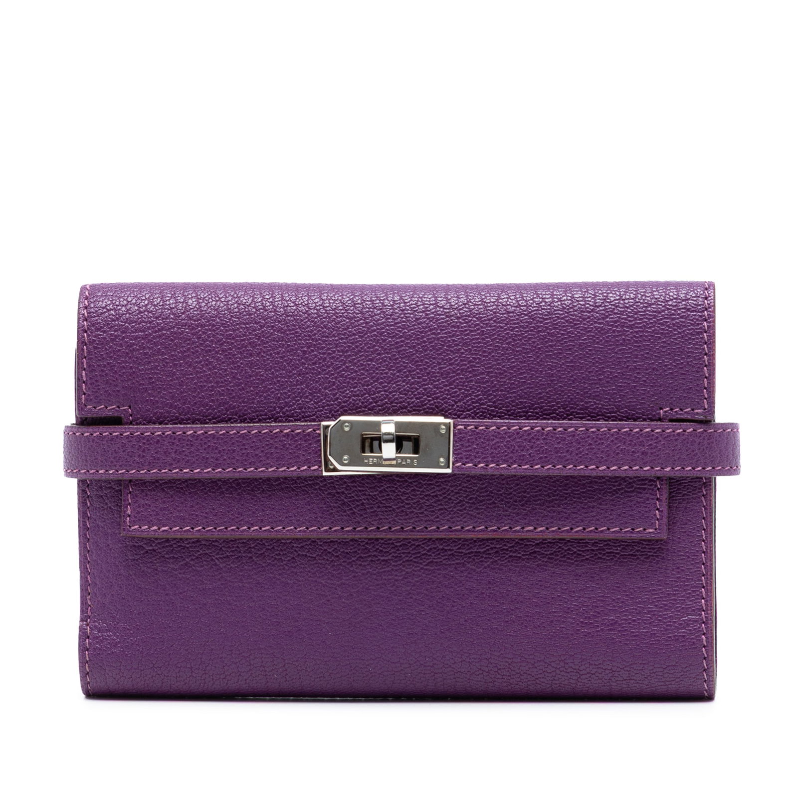 Hermes Kelly Wallet in Anemone Chevre Mysore Leather Medium Size: Hermes Kelly Wallet in Anemone Chevre Mysore Leather Medium Size This Hermes Medium Chevre Mysore Kelly Wallet is crafted from Chevre Mysore leather in Anemone color. It features a front flap with a t