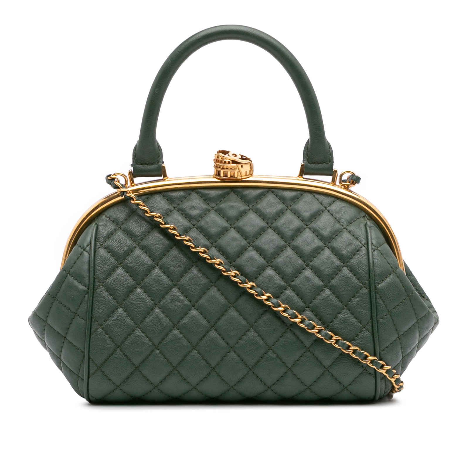 Chanel Small Quilted Calfskin Bowling Bag Green Colosseum Lock: Chanel Small Quilted Calfskin Bowling Bag Green Colosseum Lock This Chanel Small Quilted Calfskin Colosseum Lock Frame Bowling Bag is an elegant accessory crafted from high-quality quilted calfskin le