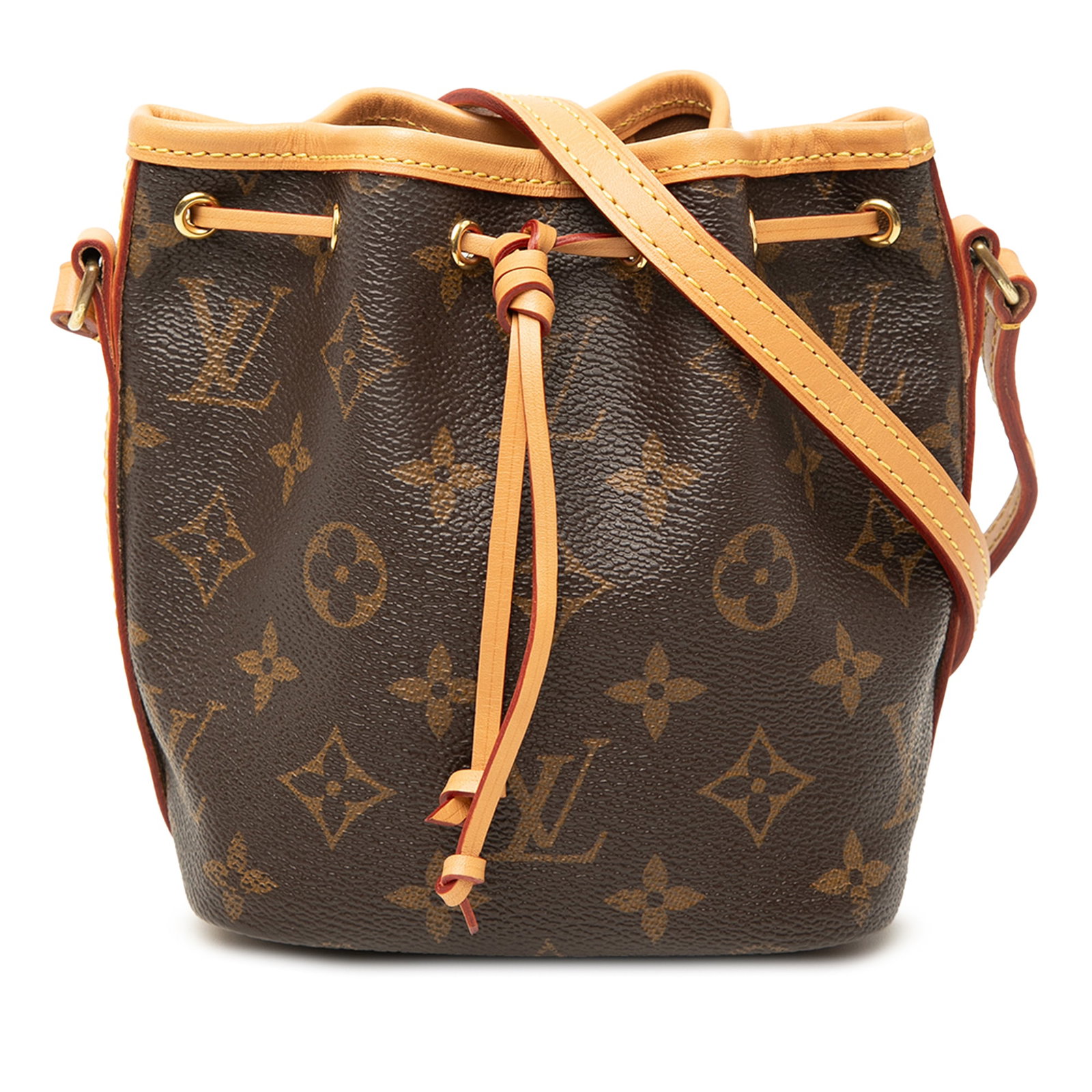 Louis Vuitton Nano Noe Monogram Canvas Drawstring Bag: Louis Vuitton Nano Noe Monogram Canvas Drawstring Bag Louis Vuitton Monogram Nano Noe bag in brown monogram canvas with vachetta leather trim and a flat vachetta leather strap. It features a top draws