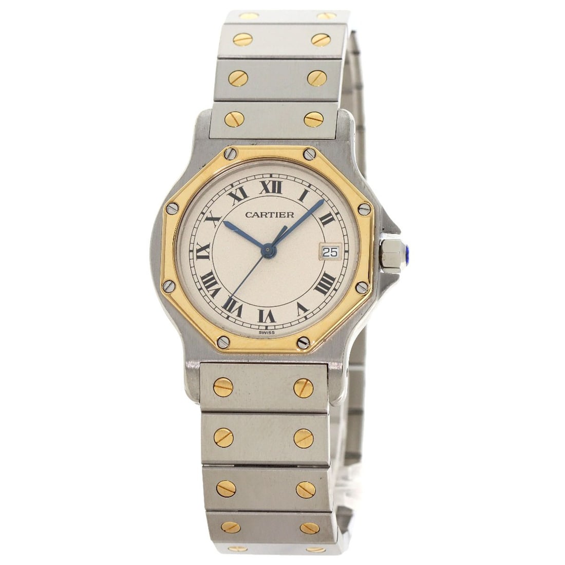 Cartier Santos Octagon LM mens quartz wristwatch steel and K18YG band: Cartier Santos Octagon LM mens quartz wristwatch steel and K18YG band Pre-owned Cartier Santos Octagon LM men's wristwatch with a stainless steel case and an SS x K18YG band. It features an ivory dial
