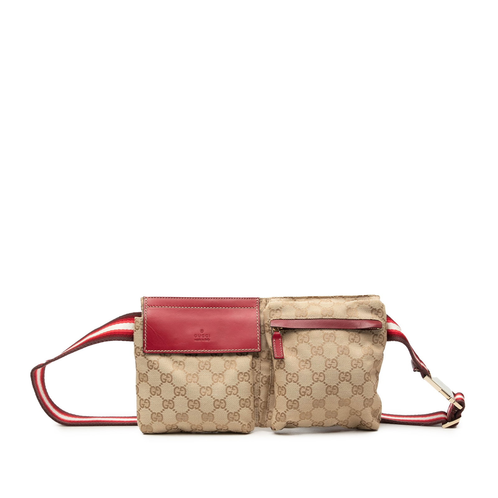 Gucci GG Canvas Web Belt Bag with Double Pockets: Gucci GG Canvas Web Belt Bag with Double Pockets Gucci GG Canvas Web Double Pocket Belt Bag in beige, made in Italy. It features a canvas body, an adjustable flat web canvas belt strap, front flap and